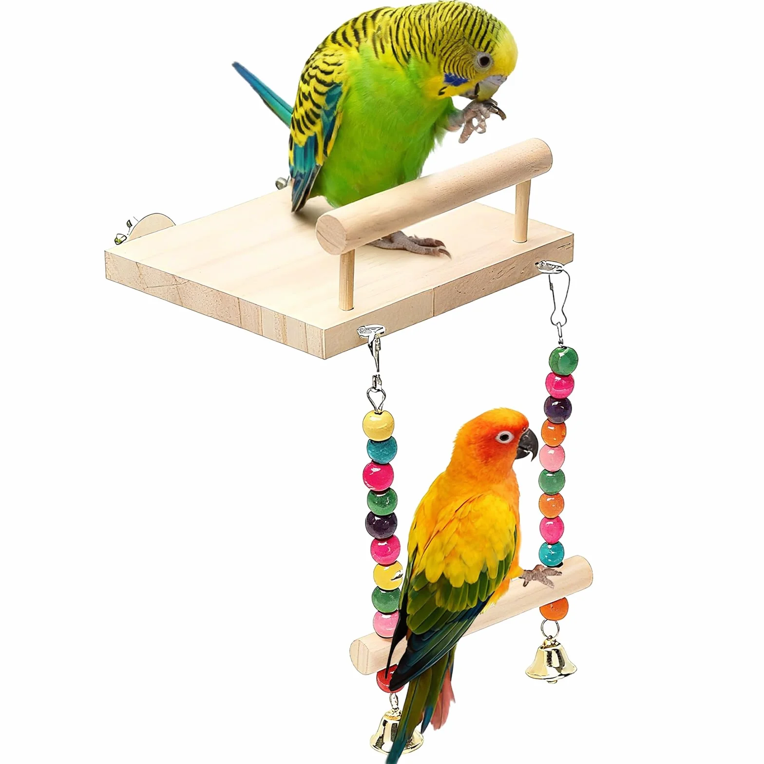 ZhouWei Trespolo per Pappagalli, Altalena Uccello in Legno Naturale Posatoi per Uccelli con Campana Giochi Posatoio per Pappagalli Giochi per Uccelli, per Piccolo Medi Calopsitte Parrocchetti