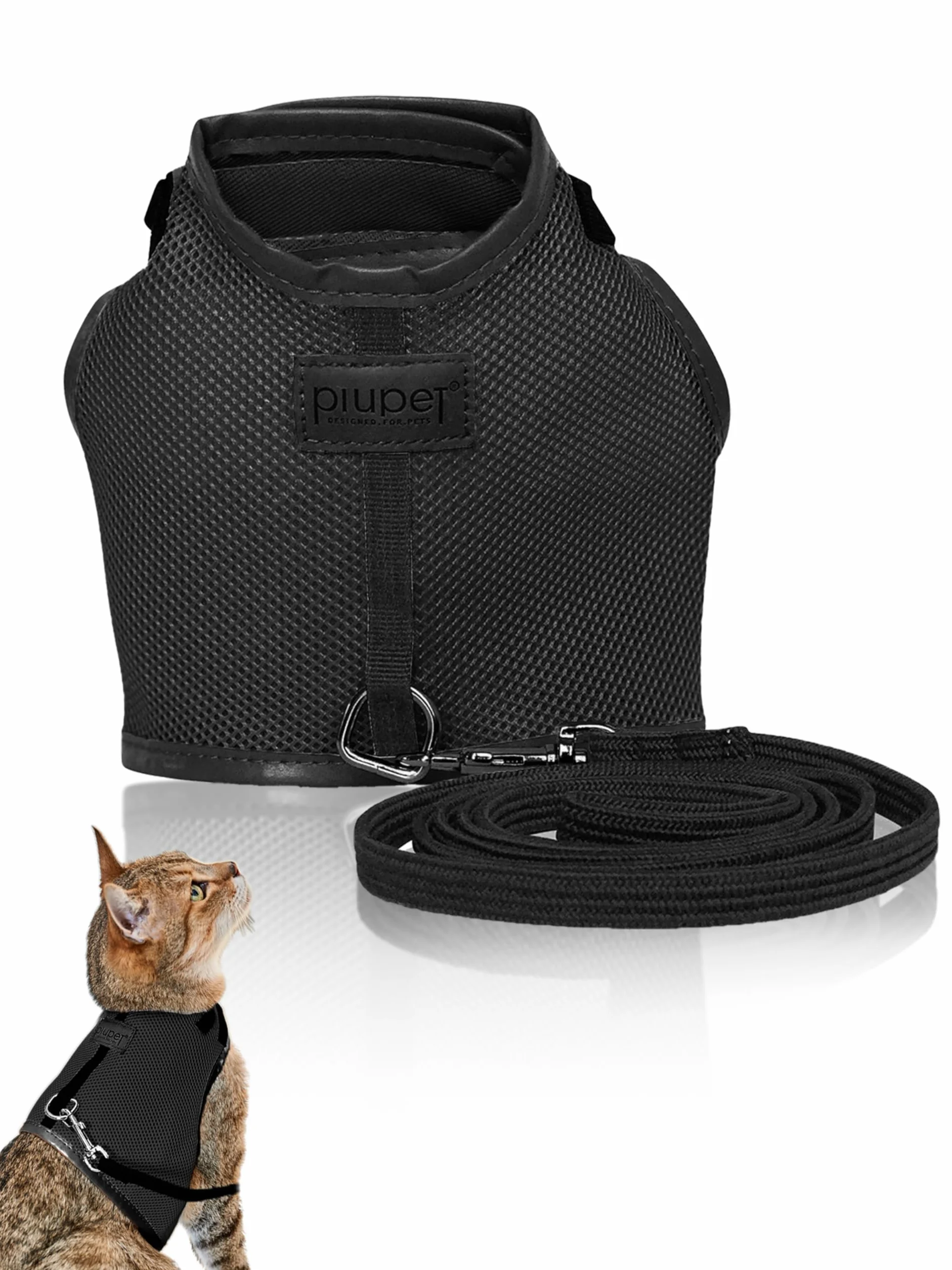 PiuPet® Pettorina per Gatti Antifuga Nero 1,2m Guinzaglio Sicuro