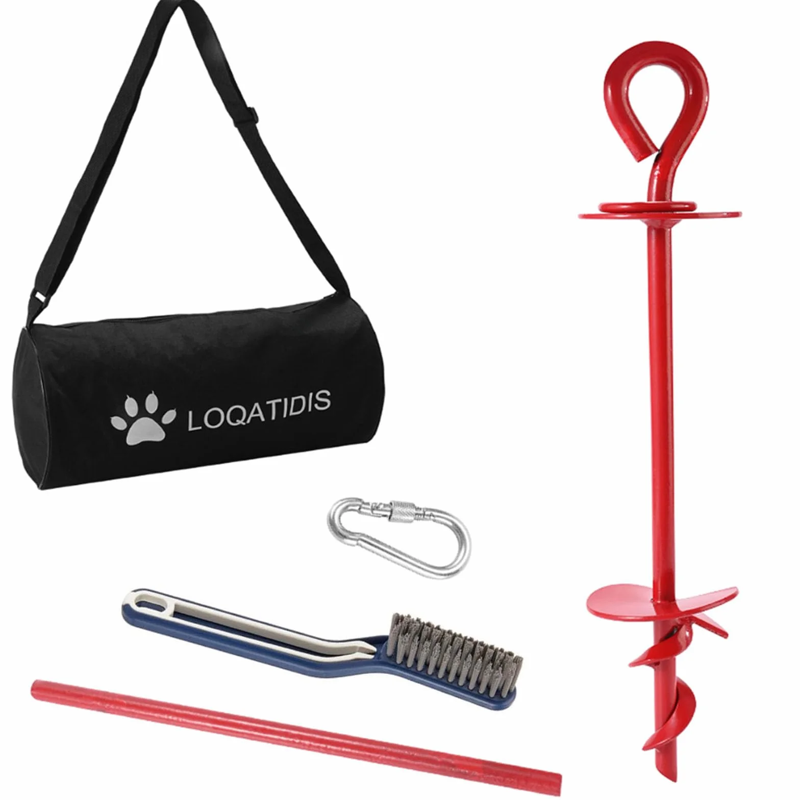 Cane Tie Out accessori cavo per giardino all'aperto Yard Camping -5in1 15,4'' picchetto + spazzola + borsa Ancoraggio a spirale a terra per cani, gancio per guinzaglio, guinzaglio, ecc