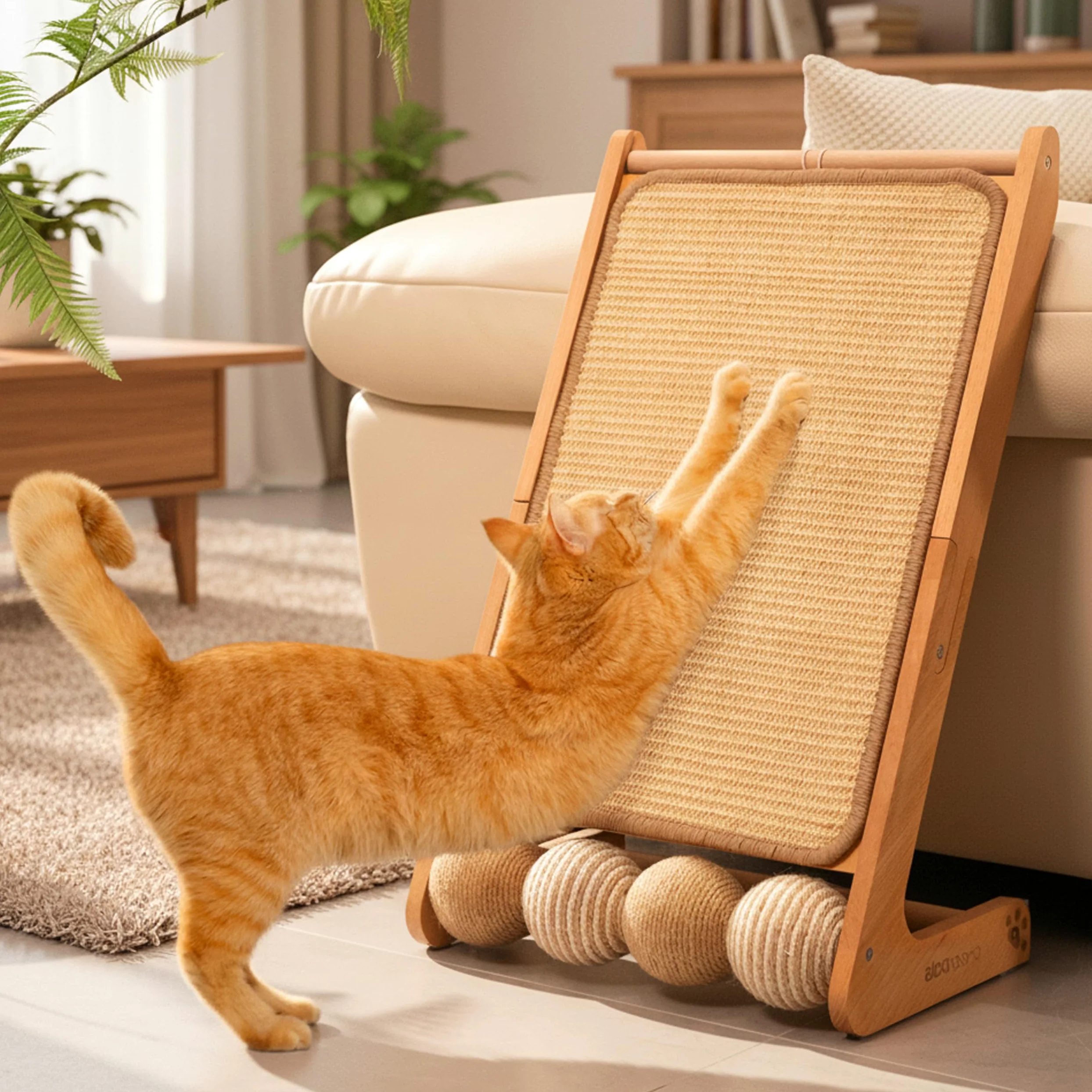 Cheerpals Tiragraffi gatto grande – Mobili tiragraffi a forma di L in legno e sisal con palla da gioco, nessun taglio di cartone, stabile protezione per mobili per divano e parete, 61,5 x 37 x 31 cm