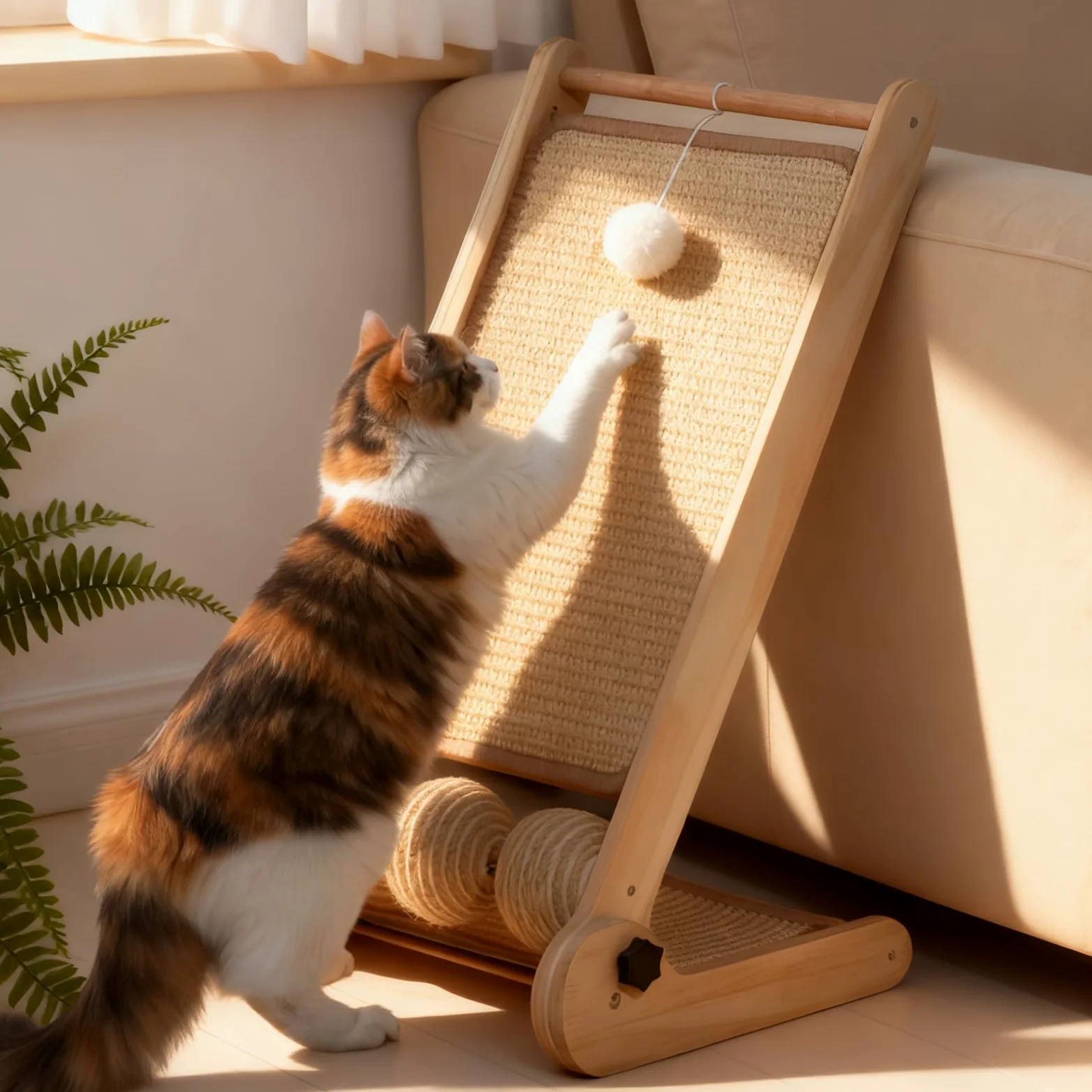 Tiragraffi gatto Tri-Use Sisal L a forma di palla alta 59 cm in sisal naturale, colonna tiragraffi gatto per tutti i gatti, per rilassarsi, proteggere mobili e divani