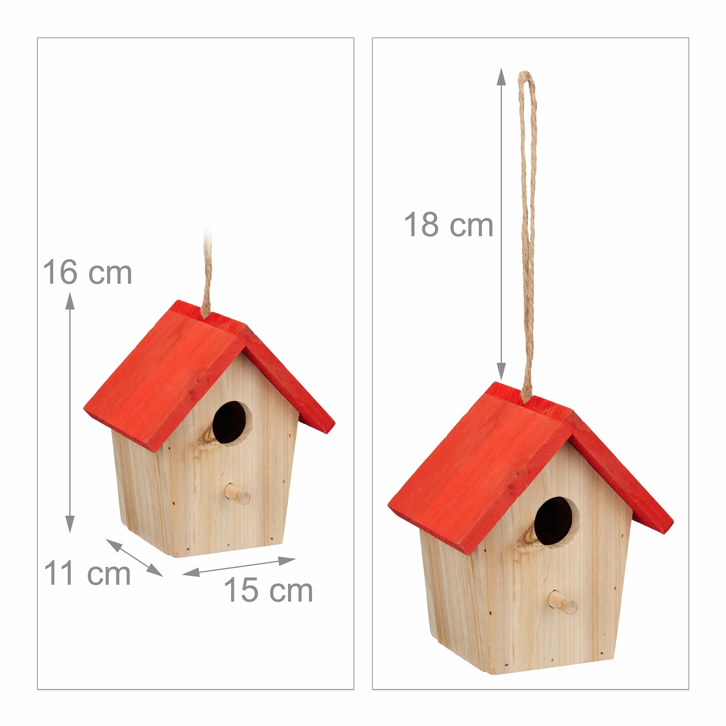 Relaxdays Casetta per Uccelli Decorativa, da Appendere in Giardino, Balcone, HLP: 16x15x11 cm, in Legno, Naturale Rossa
