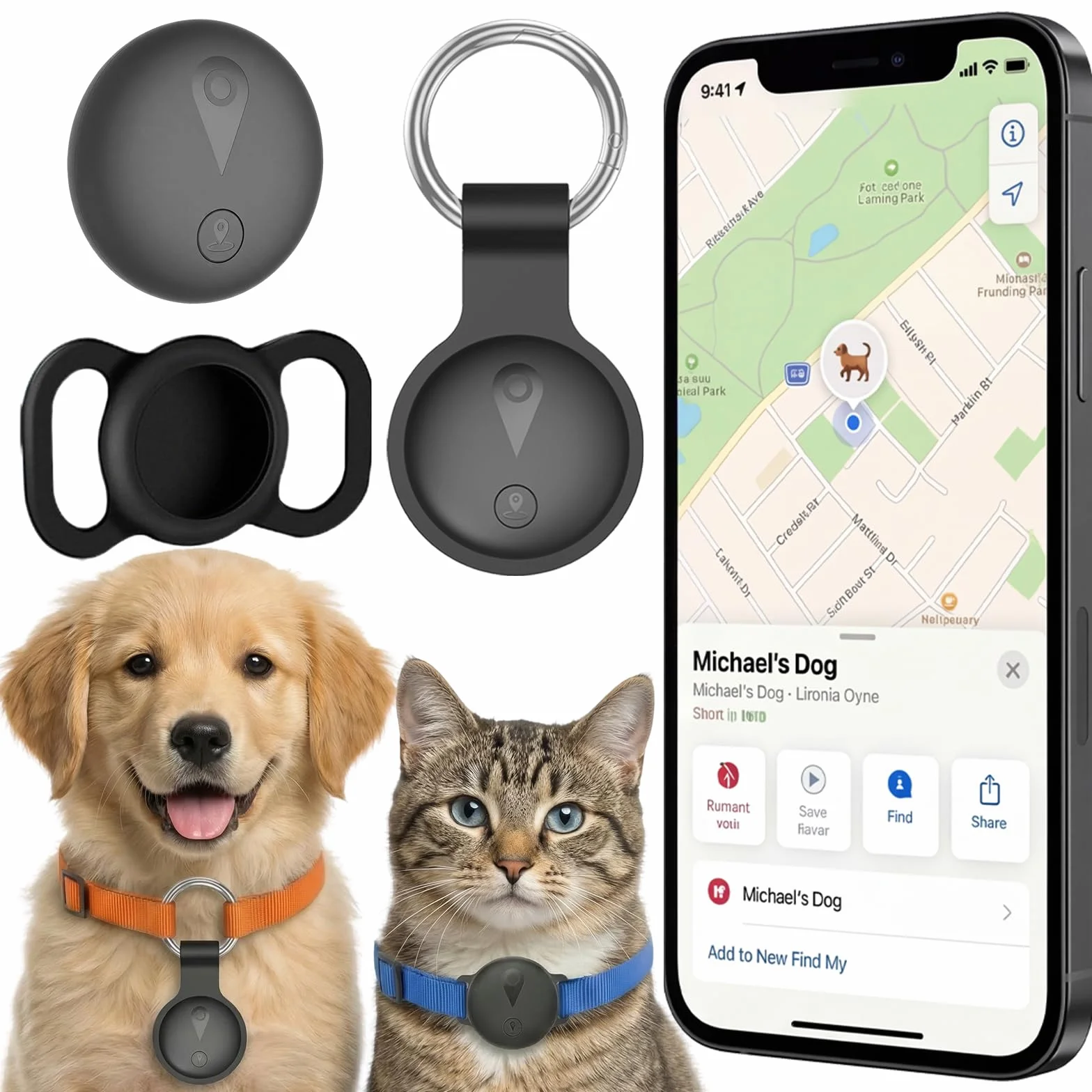 Collar GPS per Gatti e Cane, Tracciatore Senza Costi Mensili, Compatibile con iOS/Android, Tracciamento in Tempo Reale, Impermeabile IP67, Batteria a Lungo Durata, Nero