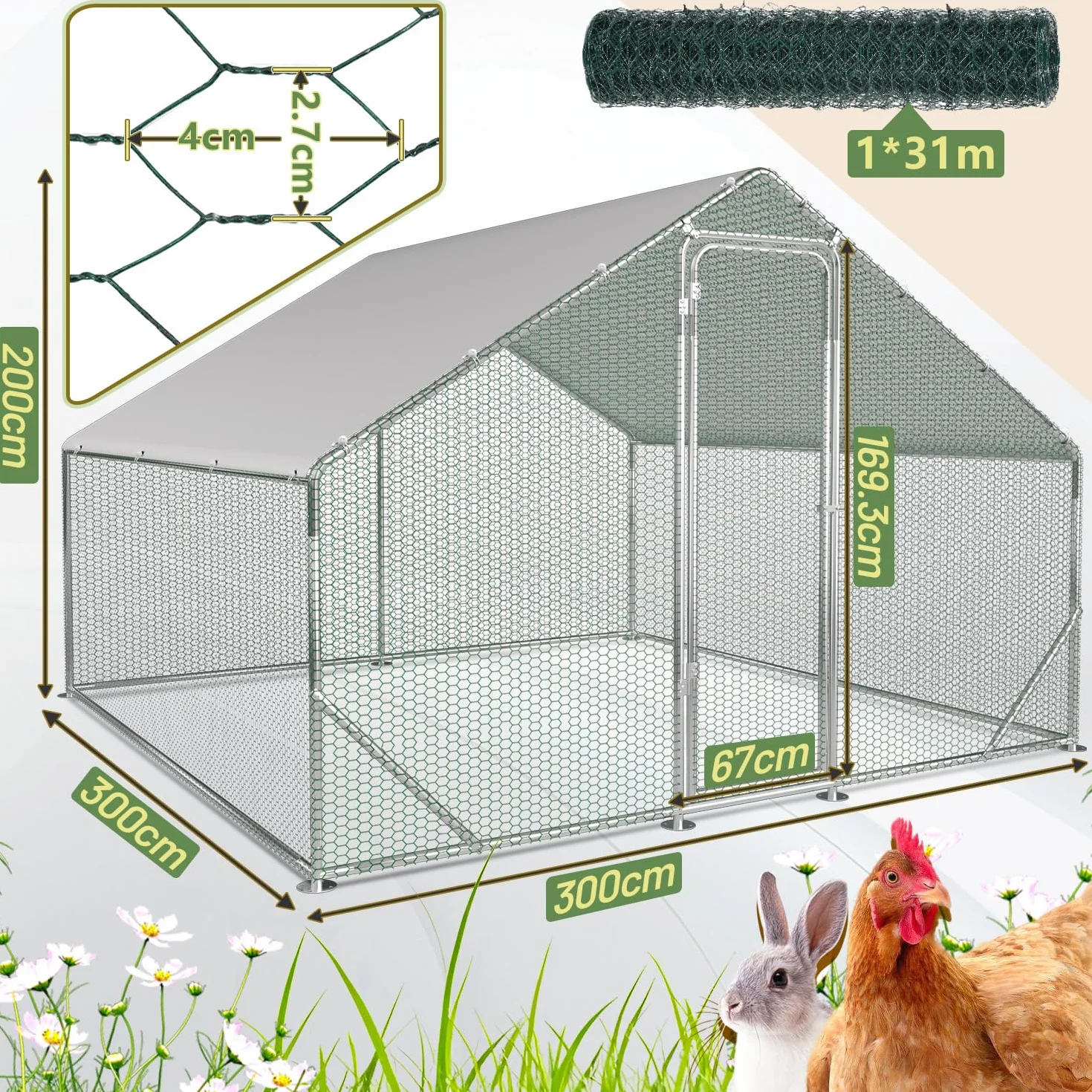 Sonnewelt Recinzione a ruota libera, pollaio, in acciaio zincato, con tetto parasole e porta per animali domestici, gabbia per pollo, per piccoli animali e uccelli, con piante