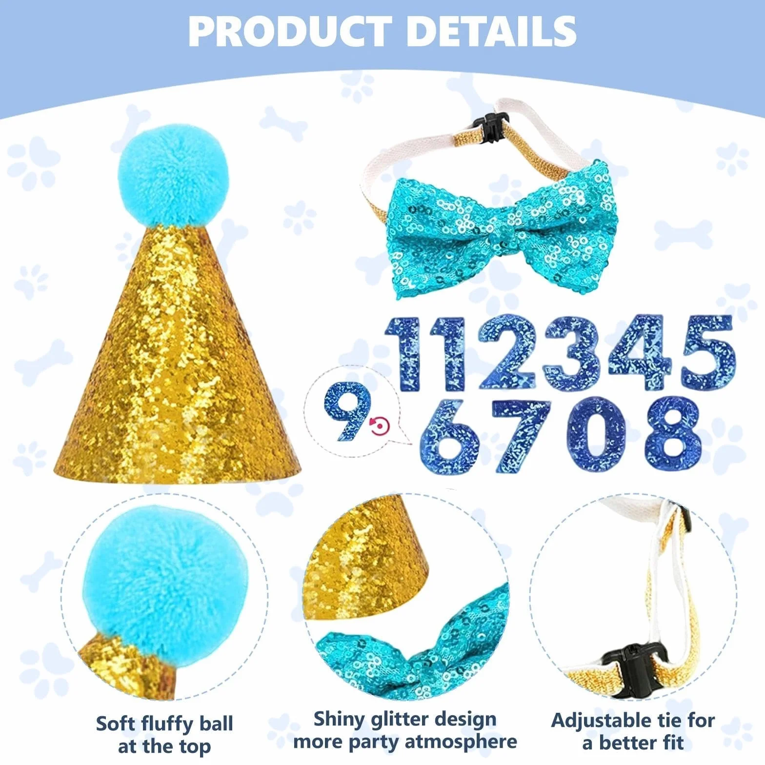 Cappello per Cani Compleanno Regolabile con Collare Papillon e Numero Blu, 3 Pezzi