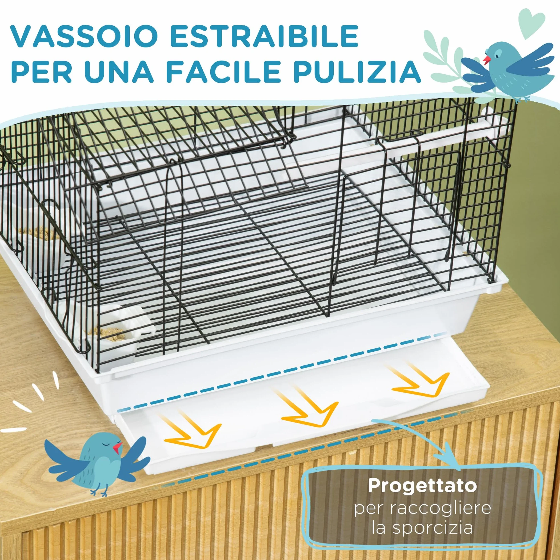 PawHut Gabbia per Uccelli con Vassoio Estraibile, Voliera Per Uccelli in Metallo e Plastica con Pioli e Altalena, 39x33x47cm, Bianco