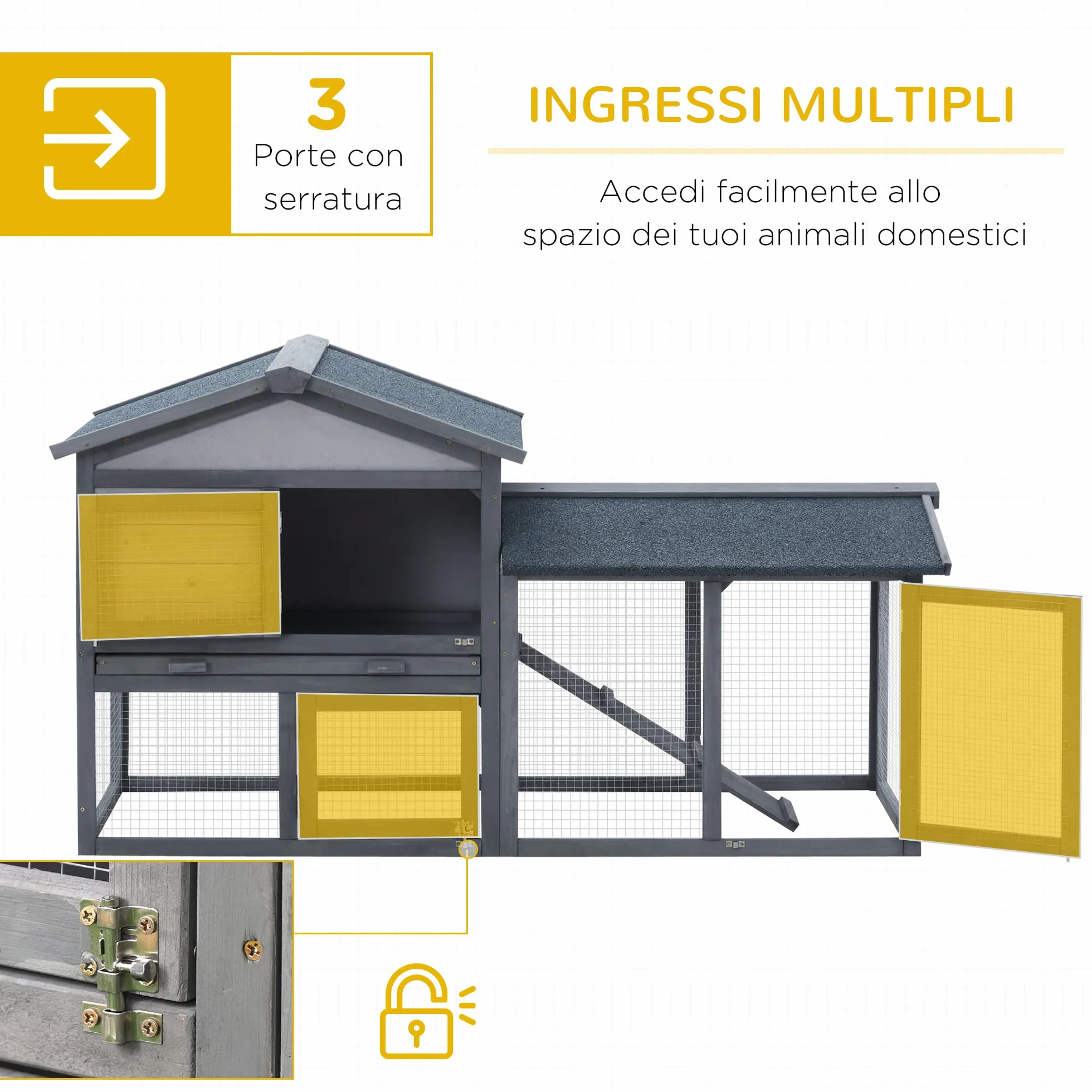 PawHut Conigliera Gabbia per Conigli in Legno da Esterno con Casetta, Spazio Aperto Recintato e Tetto 147x54x84cm