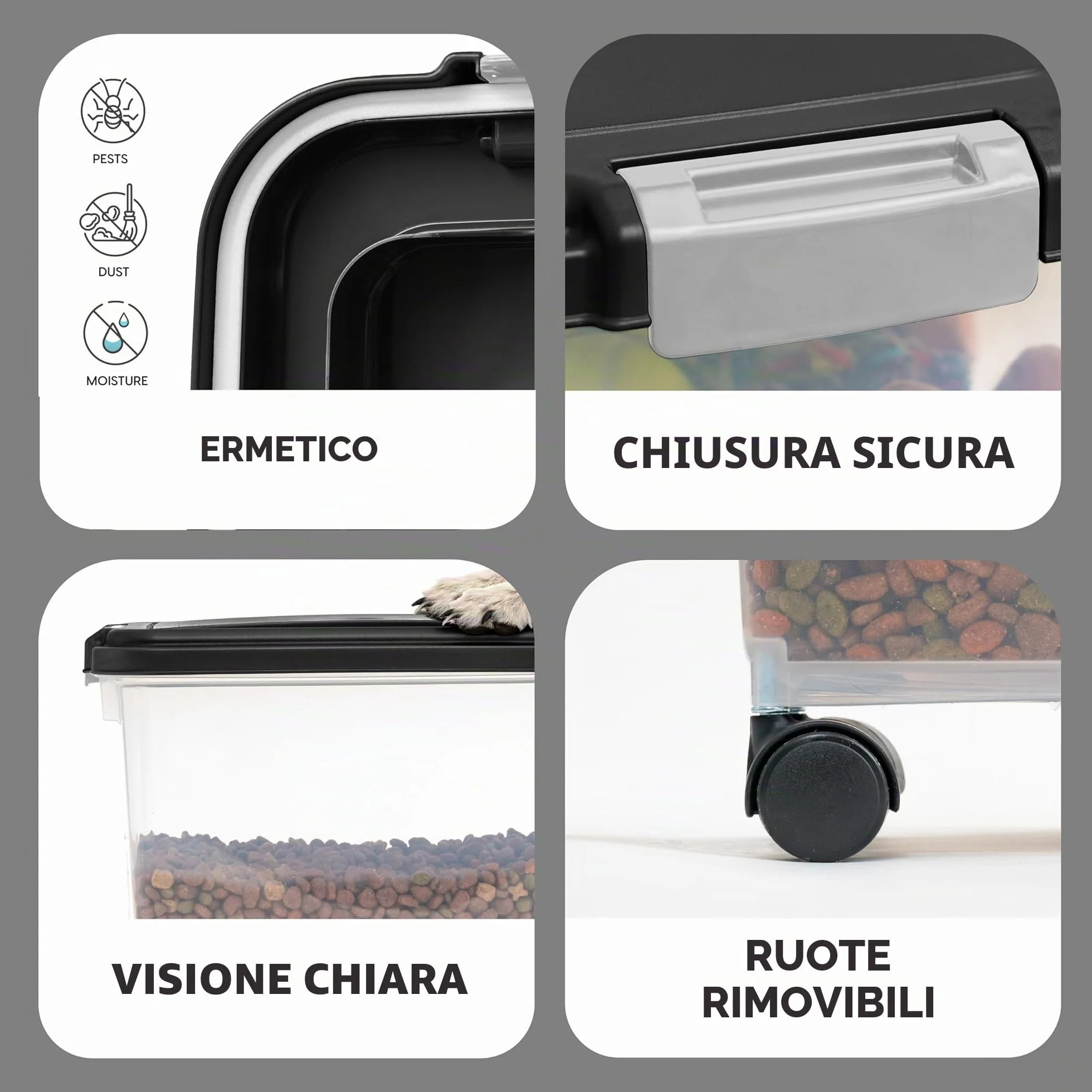 Iris Ohyama, Contenitore per Crocchette Ermetico, 30L/11kg, Nero, Ermetici, Plastica, con Coperchio, Per Cibo per Gatti, Cani, Cibo secco, Crocchette, Dolci, MP-8