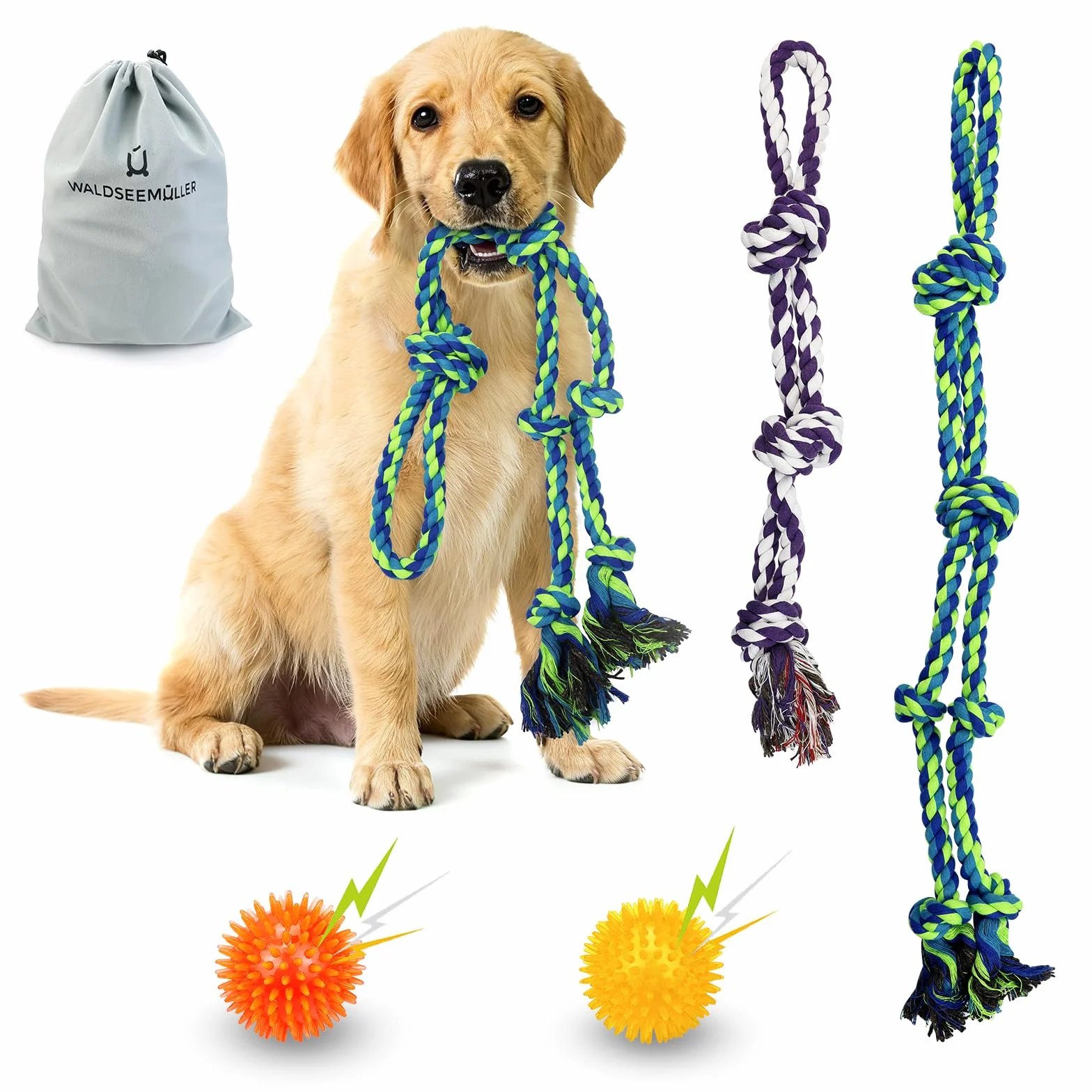 Waldseemüller Set di 4 giocattoli per cani, giochi per cani, giochi interattivi, pallina interattiva, pallina per cani di grossa taglia con una confezione regalo