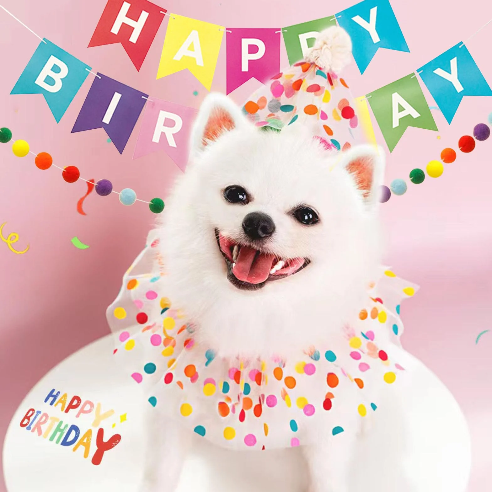 Compleanno Cane Bandana da Festa Set Puntini Colorati Ghirlanda Pompon Striscione Happy Birthday