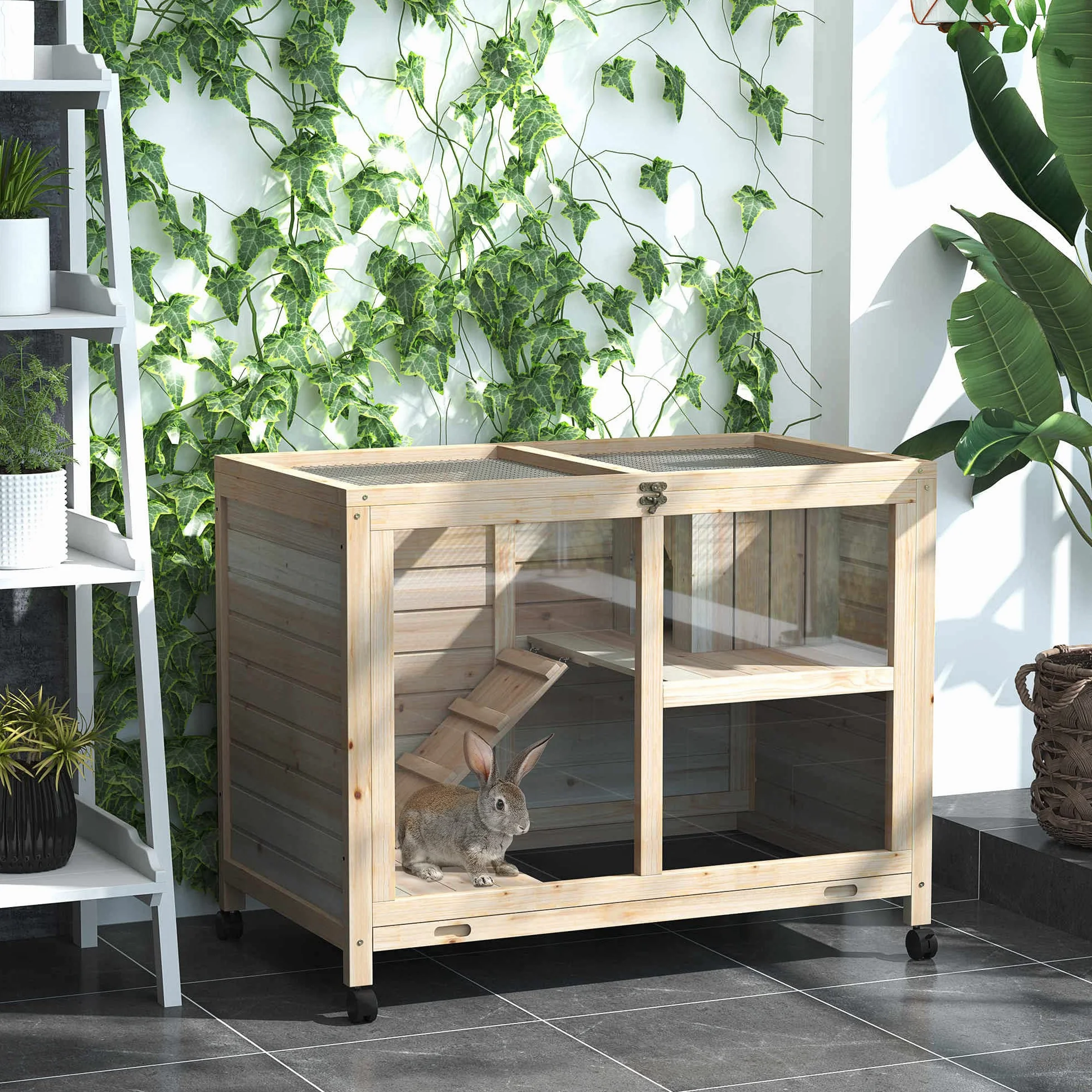 PawHut Conigliera in Legno a 2 Livelli con Casetta per Conigli e Porcellini d'India, Gabbia per Conigli con Rampa e Vassoio Estraibile, 91.5x53.3x73cm, Color Legno
