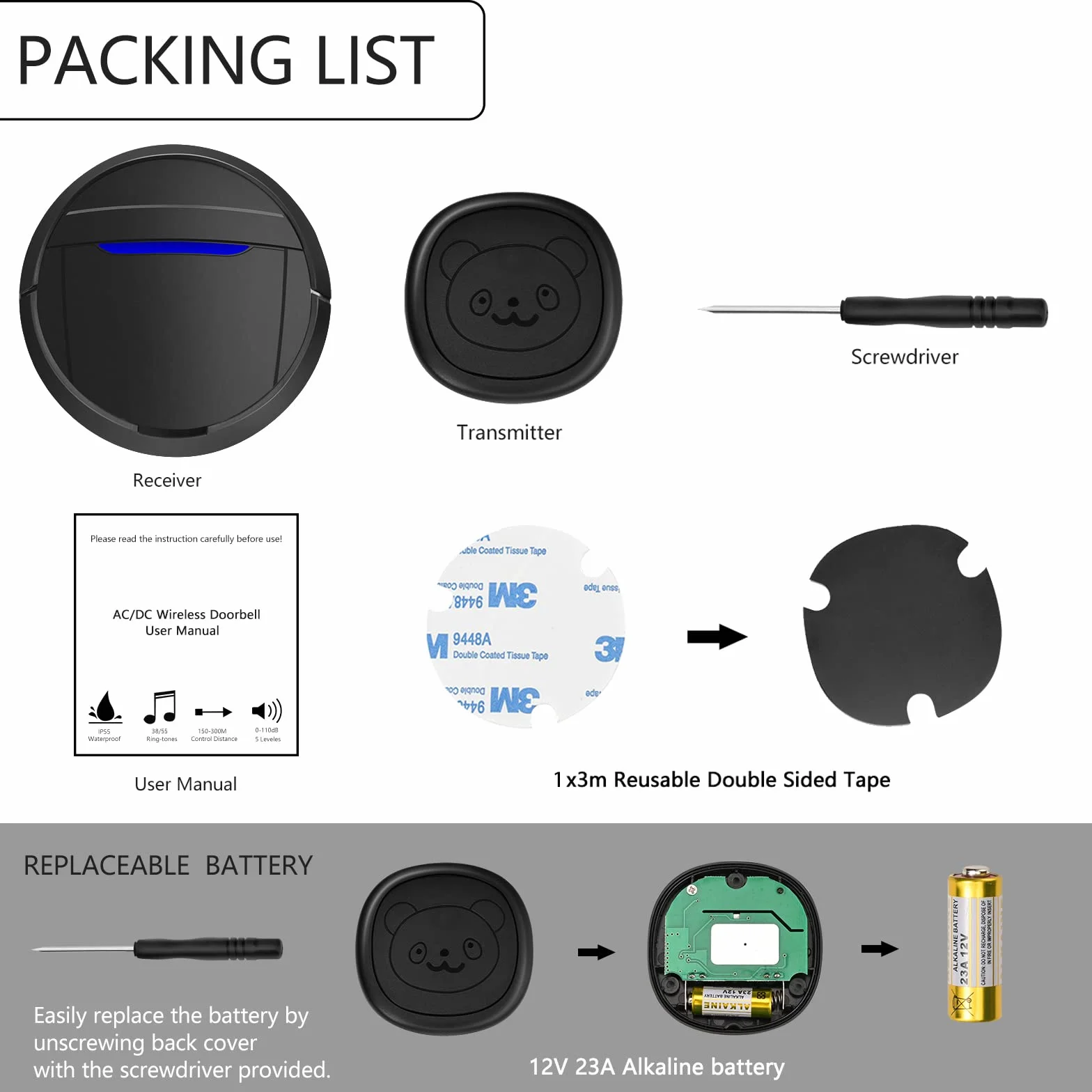 Campanello Wireless per Cani, Campanello ad Anello per Uscire, Pulsanti Impermeabili IP55, 55 Melodie, 4 Livelli di Volume e Portata di 289,6 m (Nero, 1 Ricevitore 1 trasmettitore)