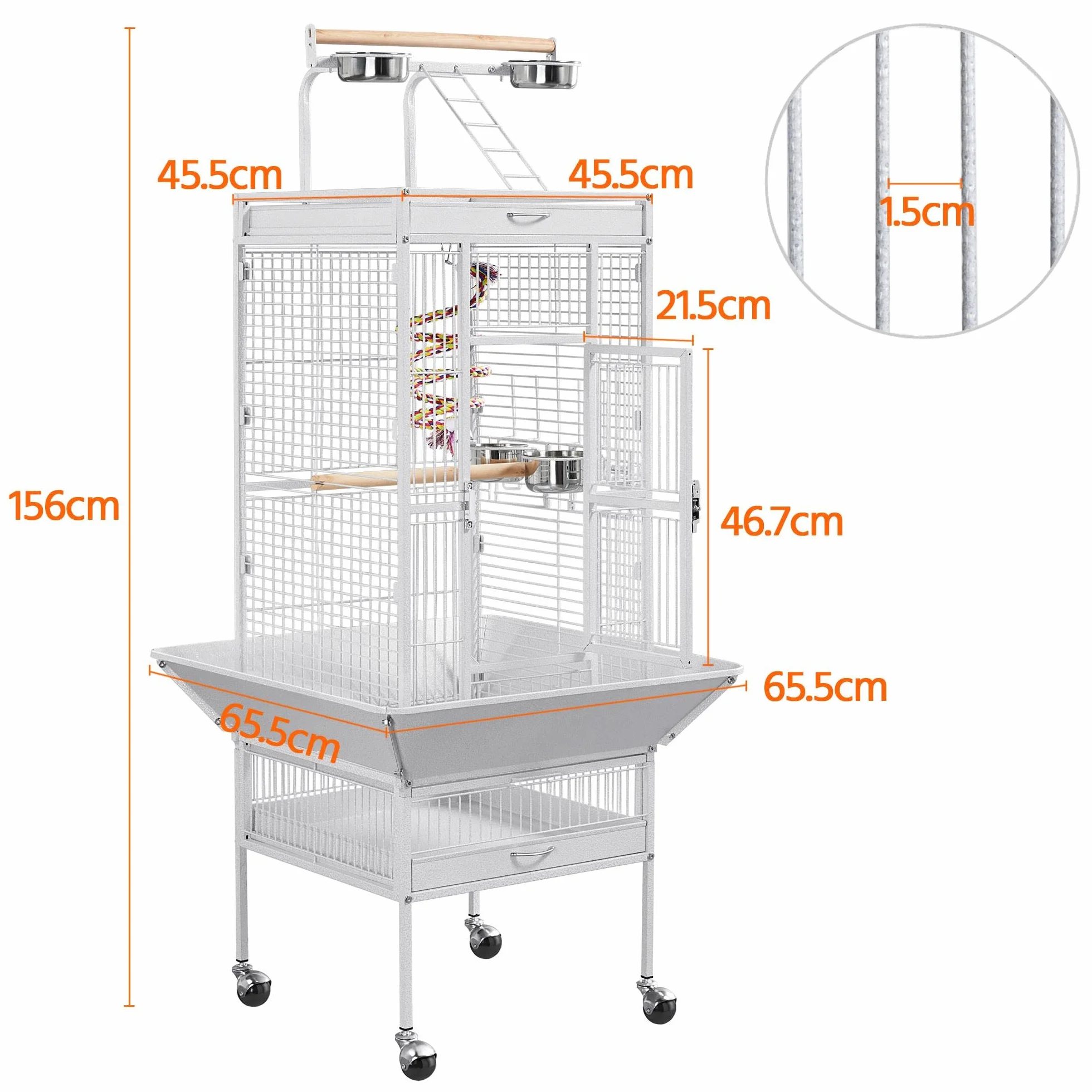 Yaheetech Gabbia Voliera per Uccelli Pappagalli Calopsite Grande Bianca con Piedistallo Supporto Ruote in Metallo da Interno e Esterno 65,5 x 65,5 x 156 cm