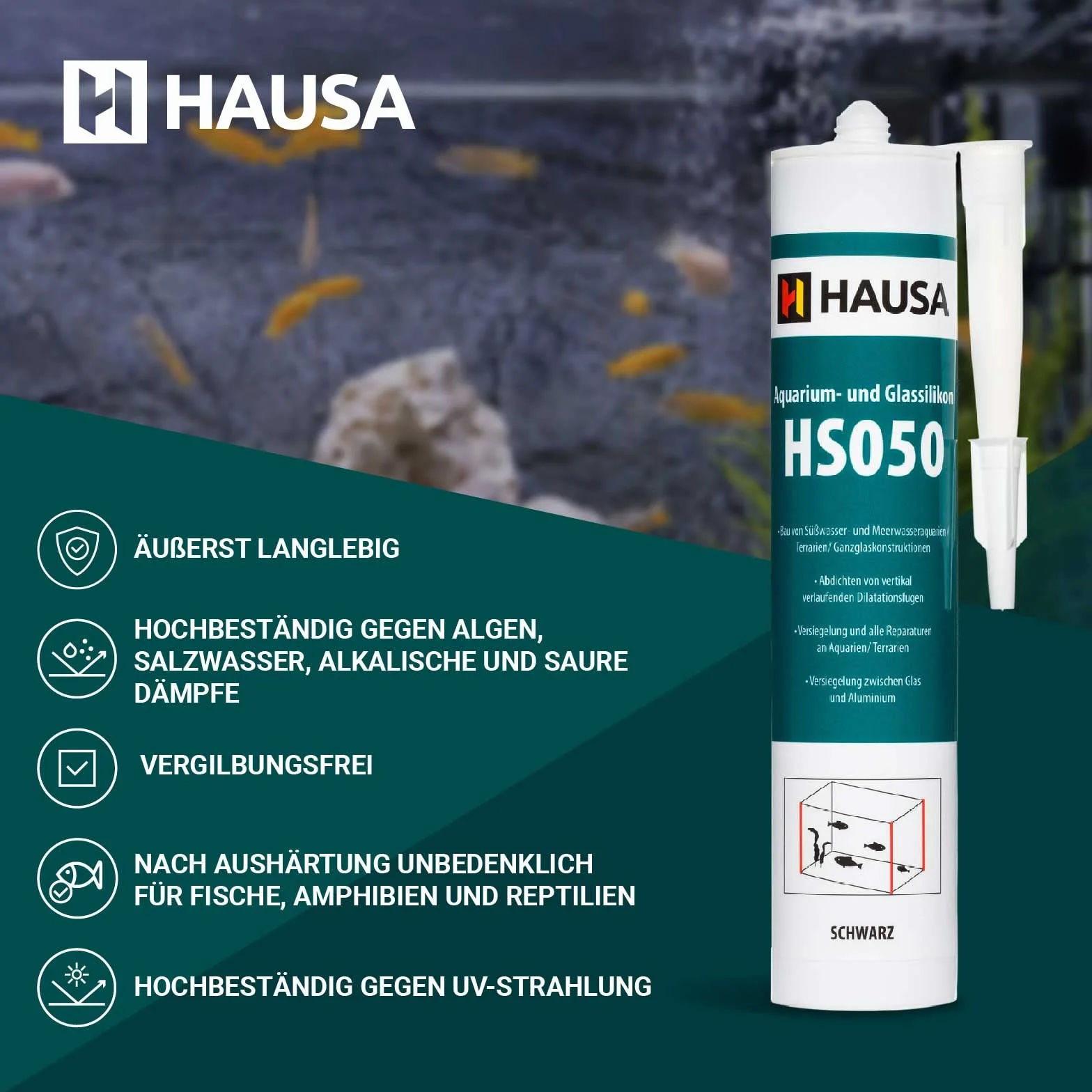HAUSA Silicone per Acquario Glassilikon HS050 Nero 310ml Silicone Adesivo & Sigillante per Acquari, Terrari, Strutture in Vetro, Indurimento Rapido, Resistente ad Acqua Dolce e Salata, Sicuro per