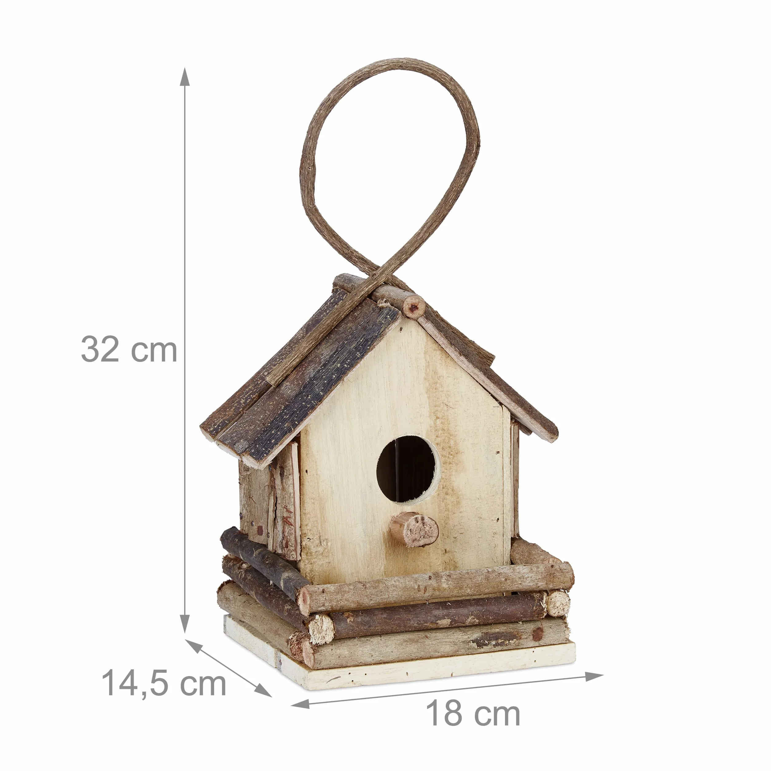 Reladays Casetta per Uccelli, da Appendere, Legno Non Trattato, Balcone, Giardino, HLP 32x18x14,5 cm, Naturale