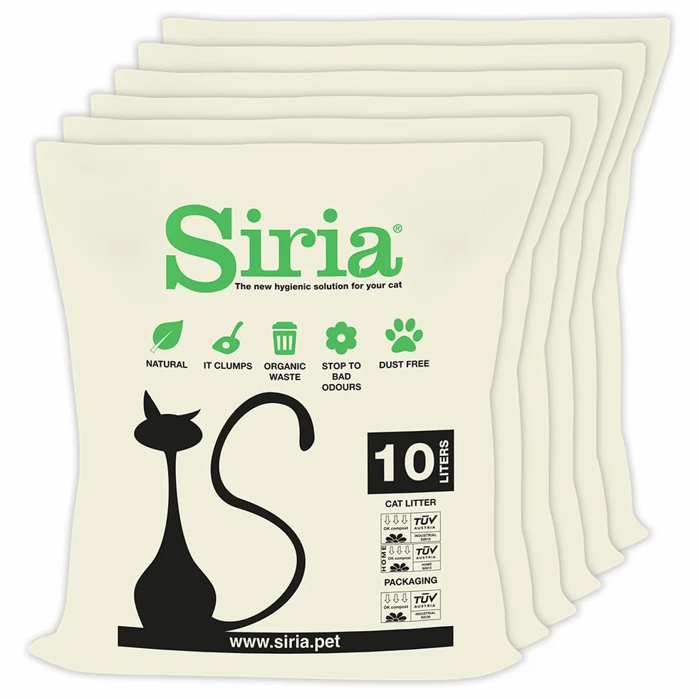 Siria 60L-Lettiera per Gatti Vegetale e Agglomerante-Set 6 sacchi da 10 Litri