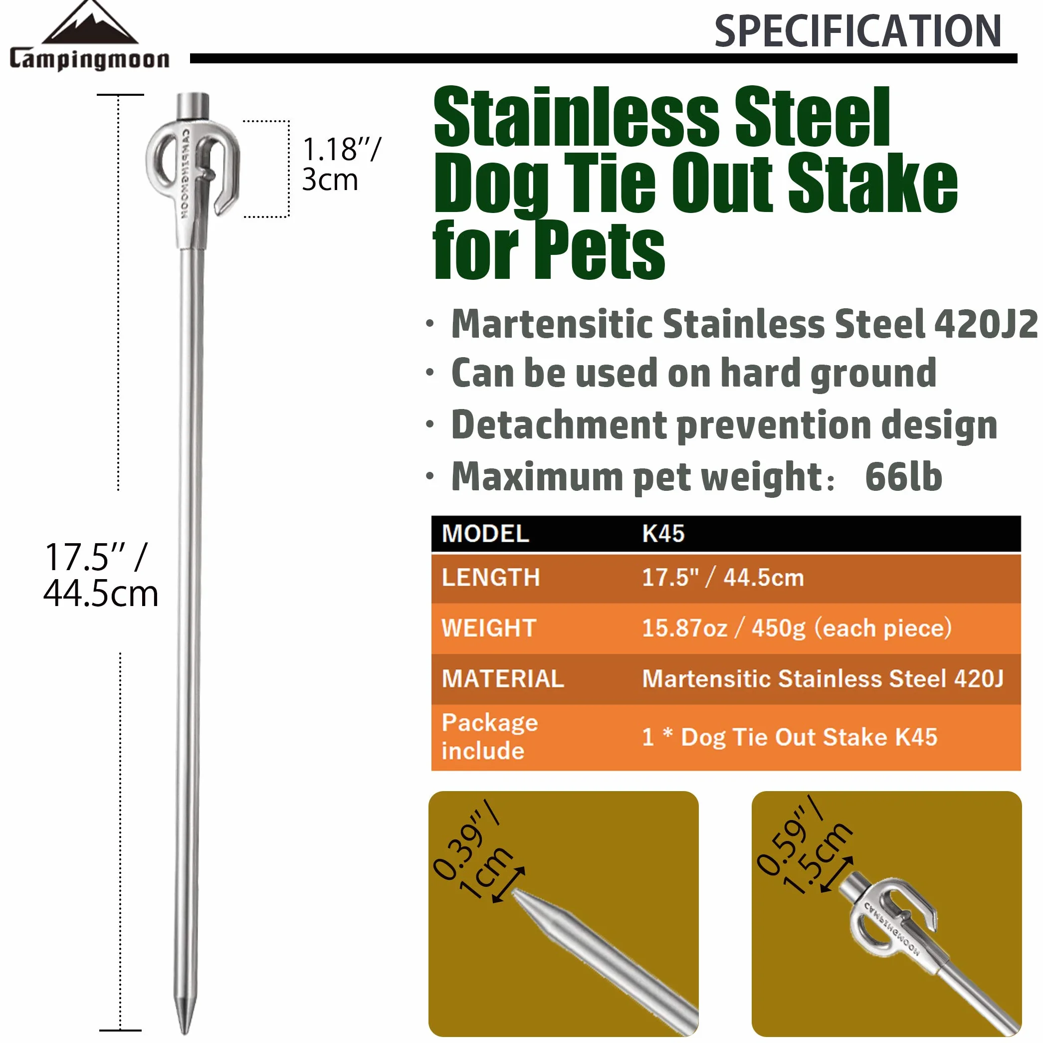 camping moon Campingmoon K45 - Palo per cani in acciaio inox, per animali domestici, 43,2 cm, colore: Nero