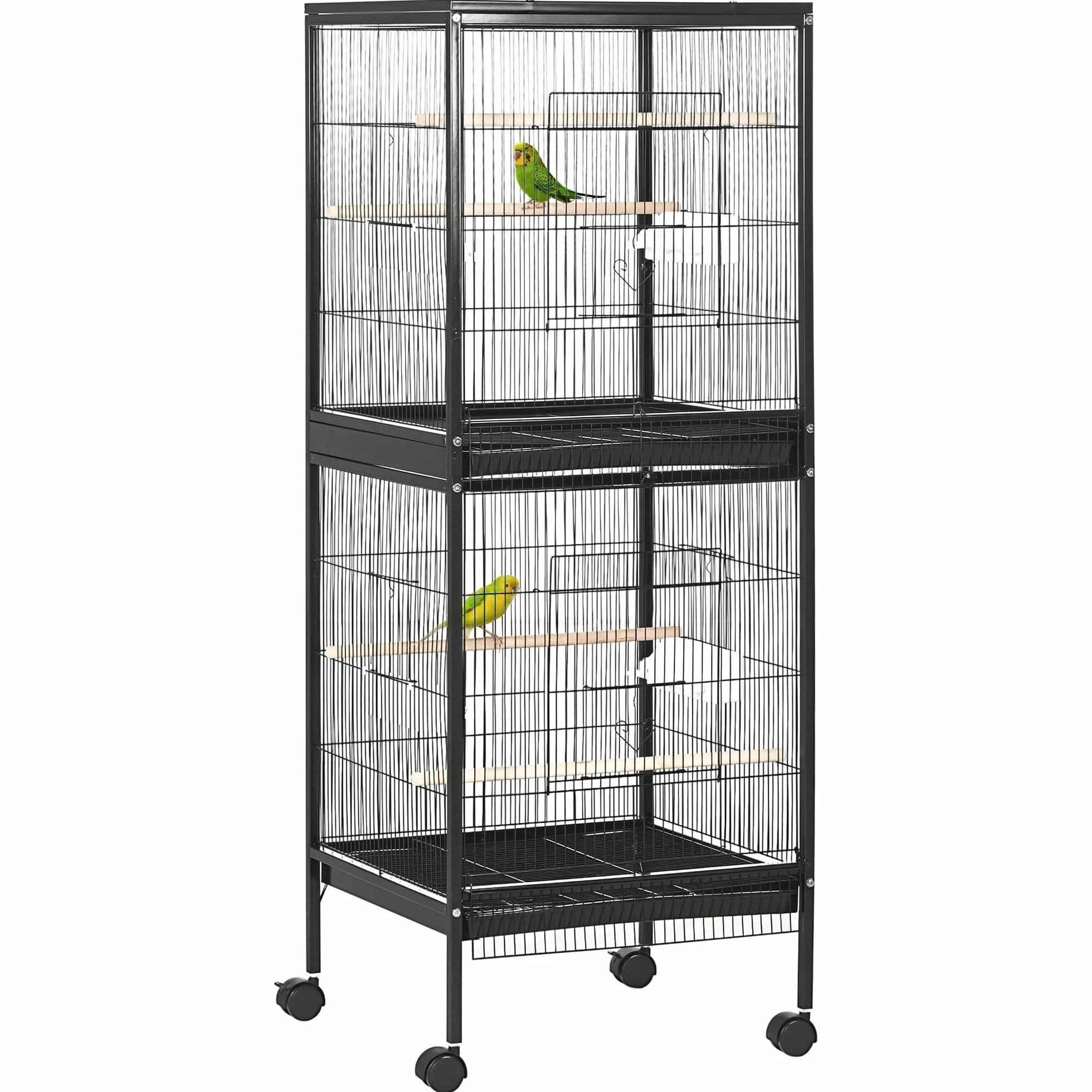 PawHut Gabbia per Uccelli 2 in 1 Voliera per Interni con 4 Ruote Girevoli, Vassoi Estraibili e Contenitori in Plastica, 51.5x50x140 cm, Nero