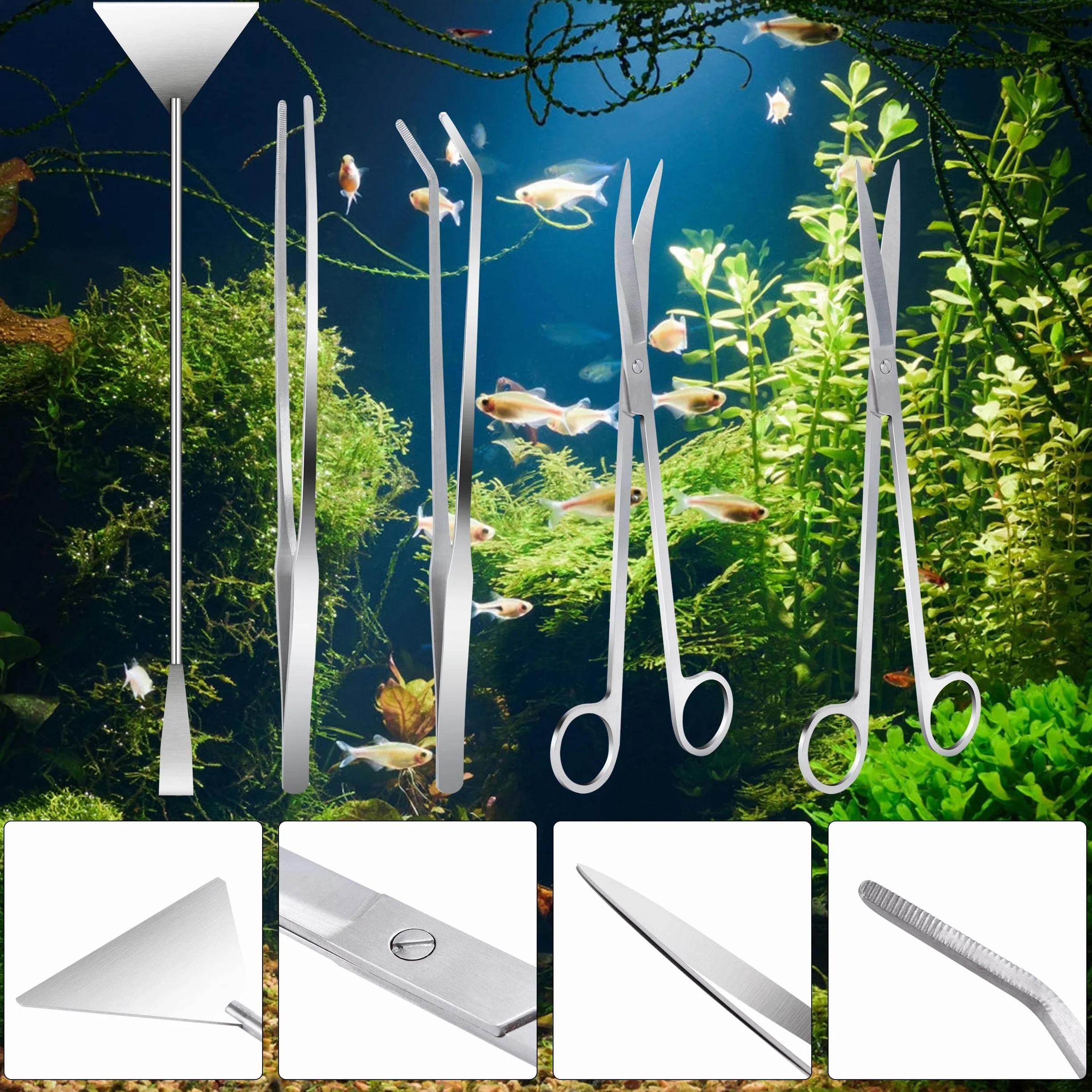 Set di Attrezzi per Acquario 5 In 1 Acquario Starter Kit Acciaio Inossidabile Set per Acquario Con Forbici Spatola Pinzette per Piante per Acquari