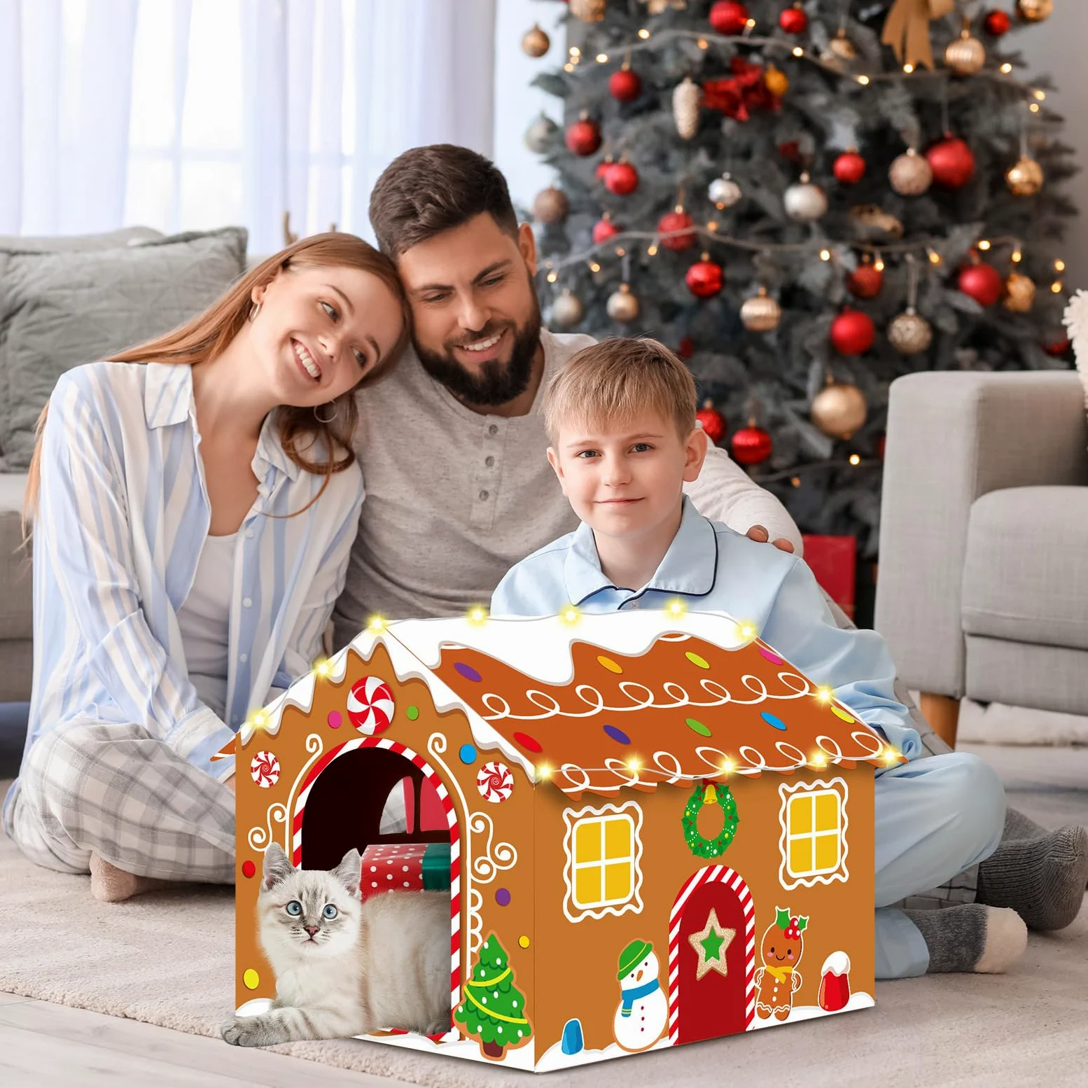 Casetta natalizia per gatti in cartone con luce a LED, tiragraffi con pan di zenzero, casetta per gatti di Natale, 39,9 x 34 x 32 cm, tiragraffi per gatti da interni