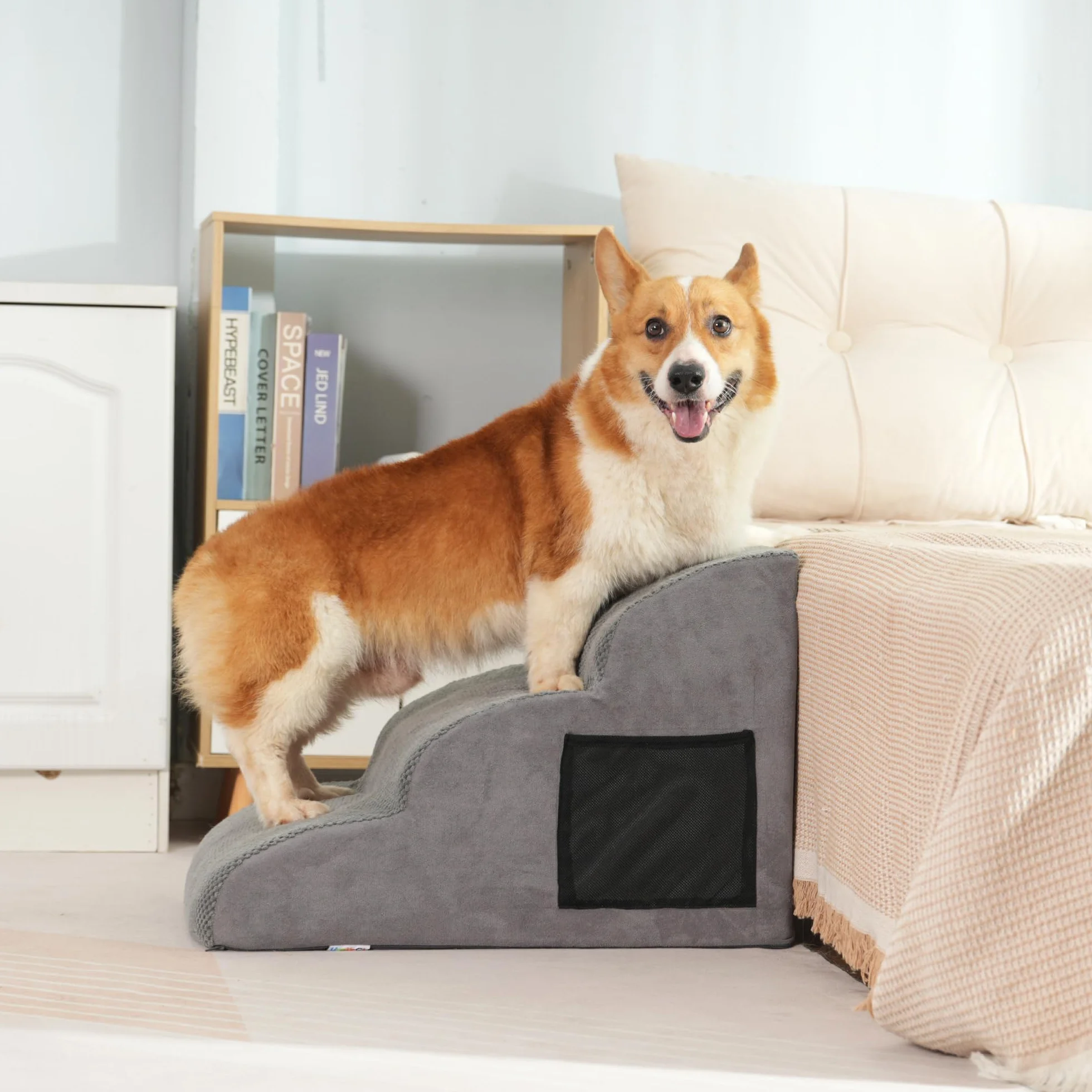 YunNasi Scaletta per cani per letto, rampa antiscivolo per cani, 60 x 40 x 40 cm, scala per cuccioli con schiuma ad alta densità e copertura rimovibile, scale in pendenza delicata per animali