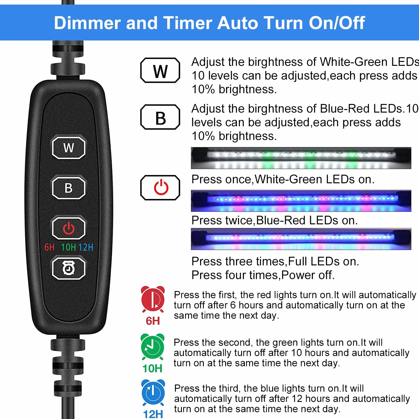 VARMHUS LED Acquario con Timer,Lampada Acquario con 3 modalità di luce dimmebili e perle di lampada a 4 colori, 10 livelli di luminosità,Luce Acquario Impermeabile (92cm&Timing-Dimmen)