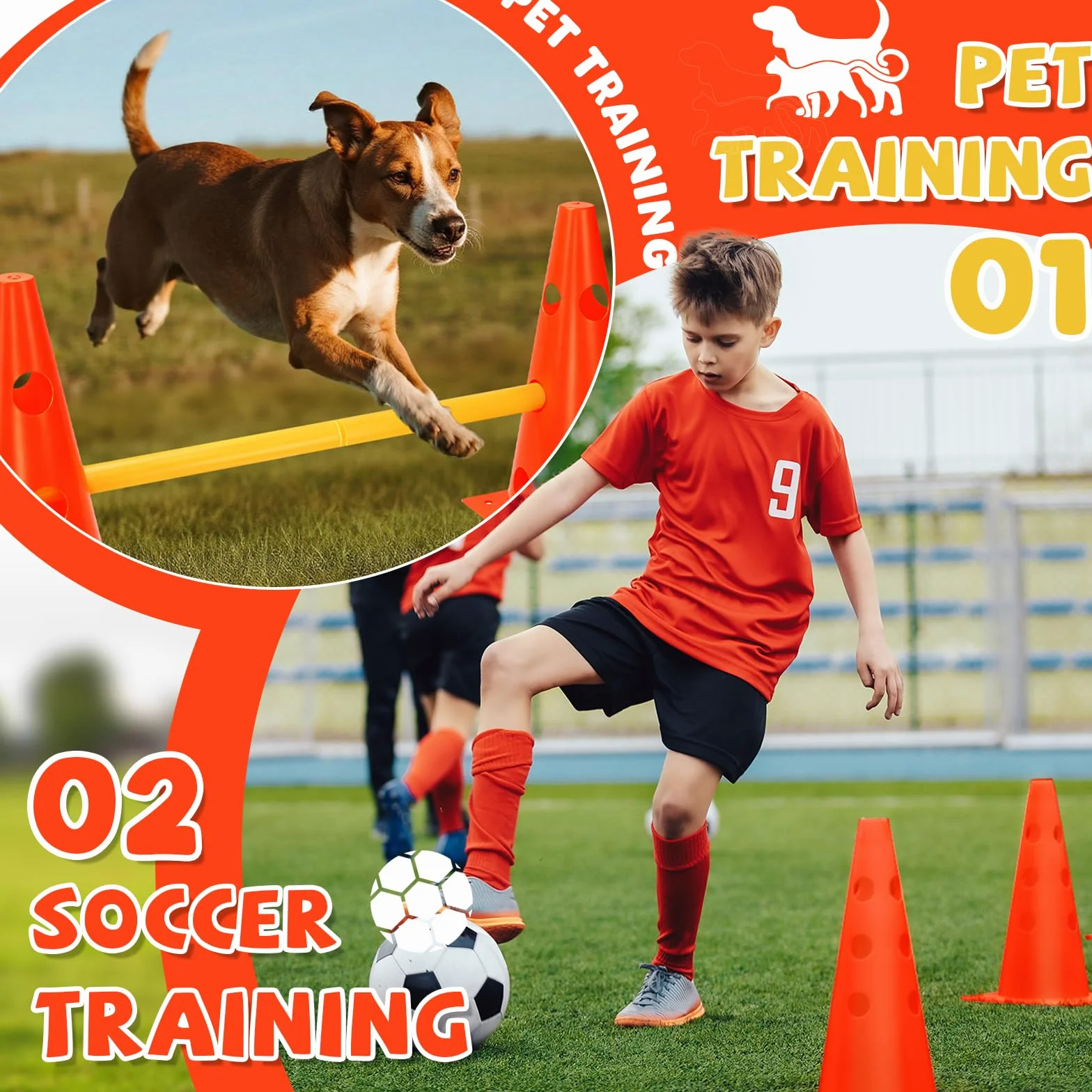 Agility Set per cani ostacoli per bambini, ostacoli per bambini, cani, parcour per saltare, cane Cavaletti, 8 coni 32 cm di altezza + 8 aste lunghe 80 cm, per esercizi di allenamento