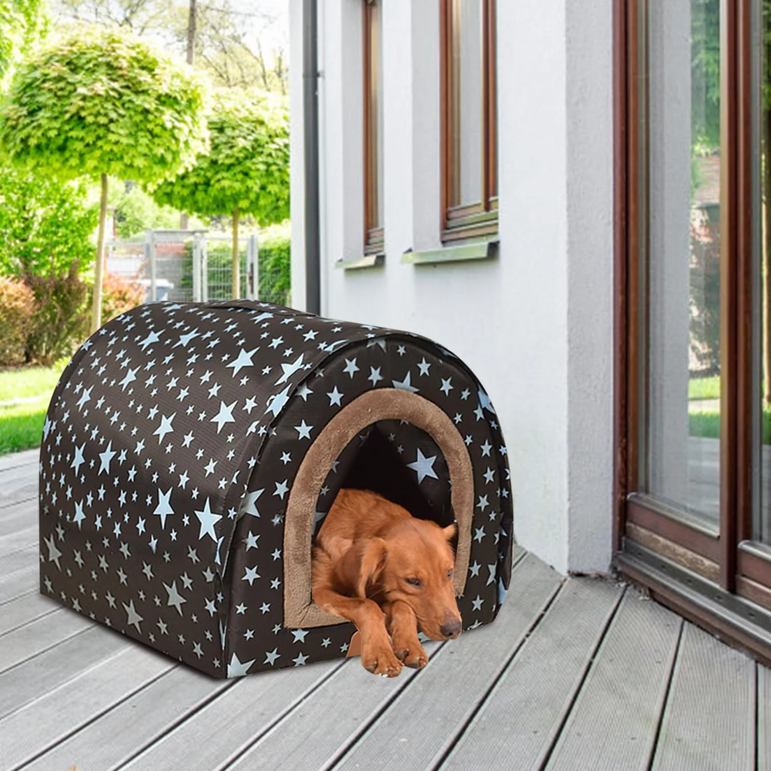 Casa invernale per cani - esterno isolato per il freddo, cabina da compagnia in plastica resistente | Con comoda porta in tessuto flessibile casa dei cuccioli, canile completamente impermeabile