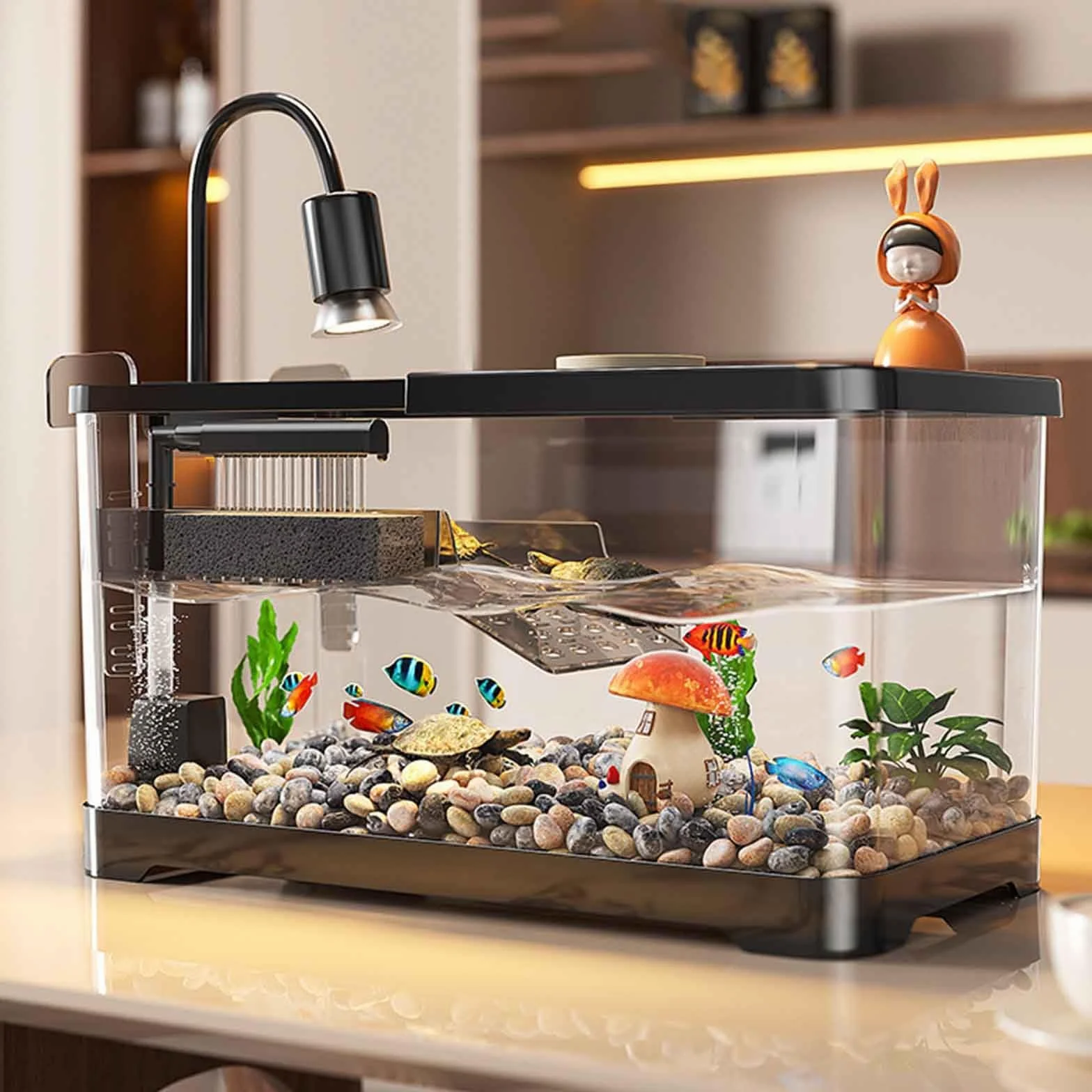 Turtle Fish Tank Con Piattaforma Per Crogiolarsi, Acquario Per Tartarughe Giovani, Comodo Drenaggio Inferiore Per Tartarughe Giovani, Gamberi Di Fiume, Granchi, Anfibi E Rettili(L)