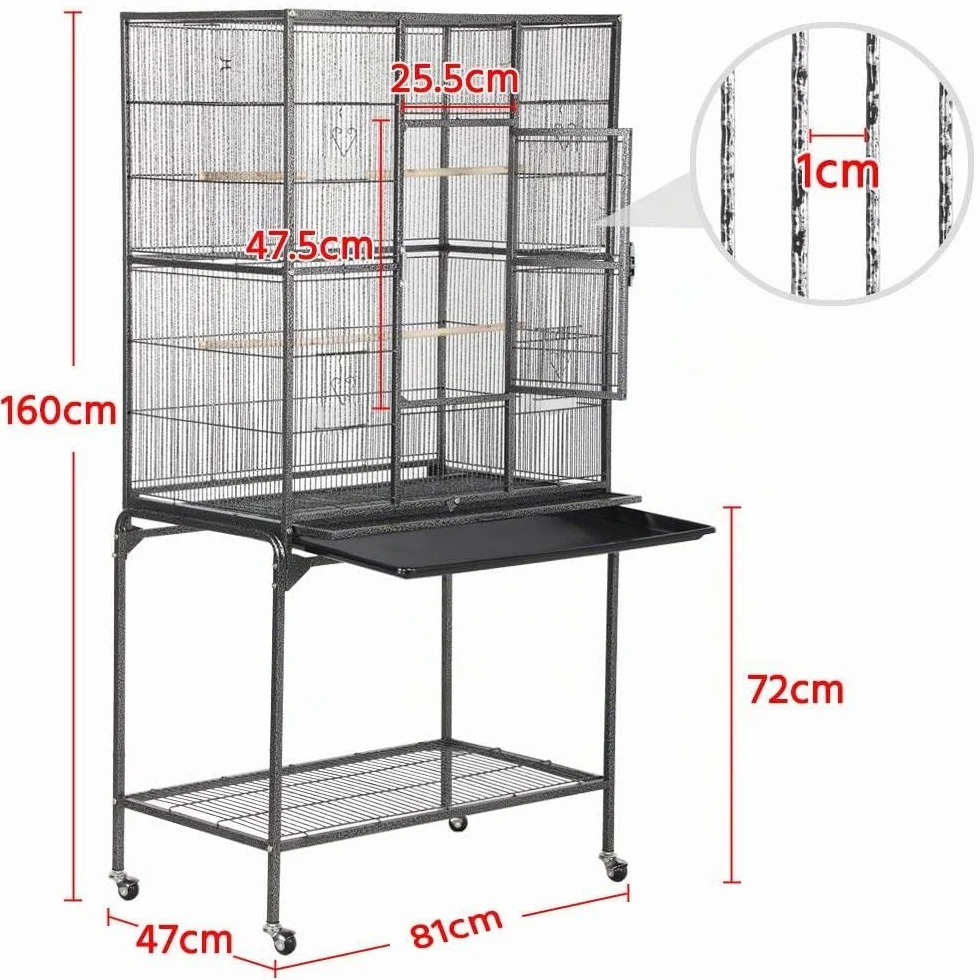 Yaheetech Gabbia Voliera Grande per Uccelli Pappagalli Roditori in Metallo e Legno con Piedistallo Ruote Posatoi e Ciotole Nera 81 x 47 x 160 cm
