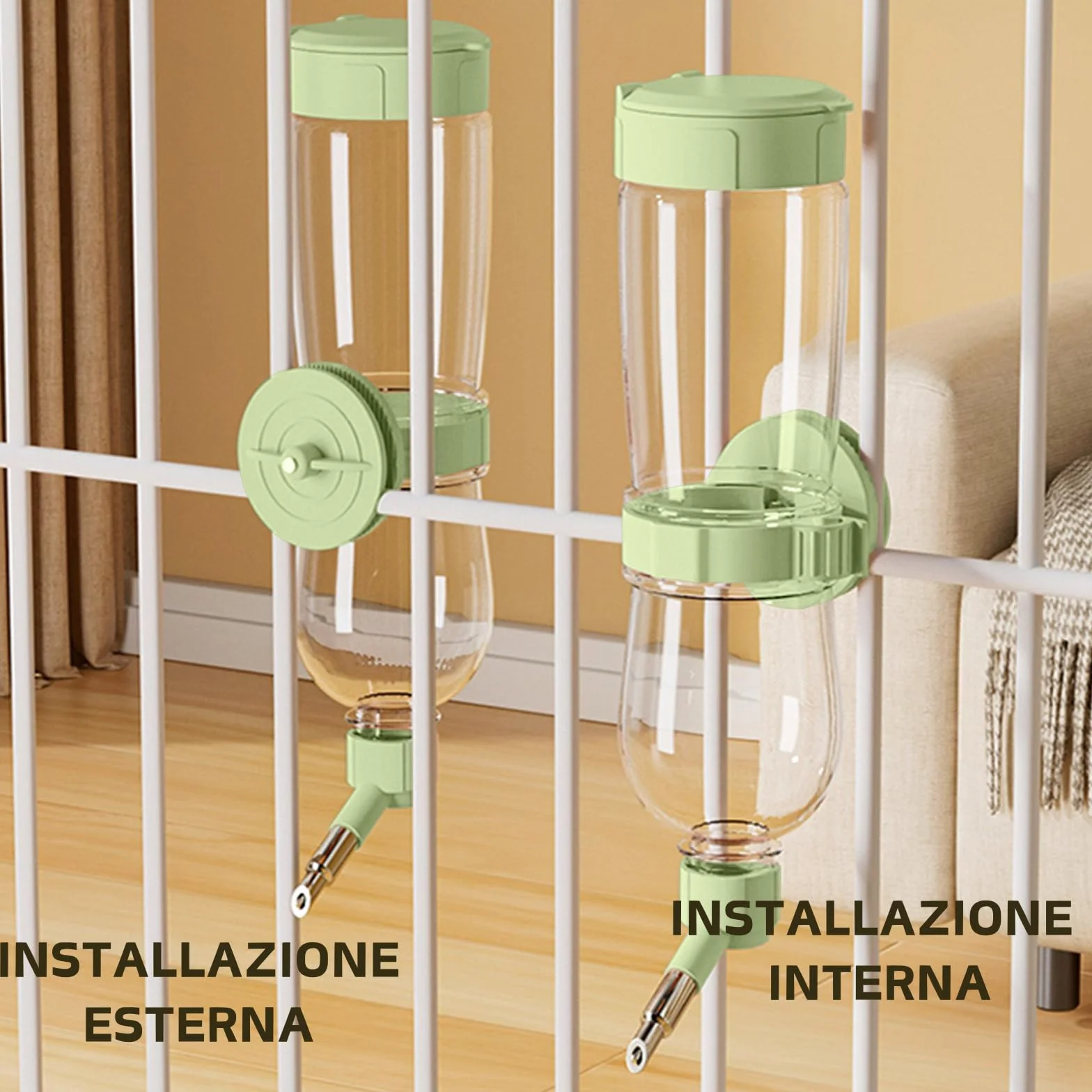 Abbeveratoio per uccelli, Dispenser d'acqua automatico per gabbia, Bottiglia d'acqua appesa per Pappagallini, Canarini, Cockatiel, Fringuelli, Budgerigar (Verde, 240ml)
