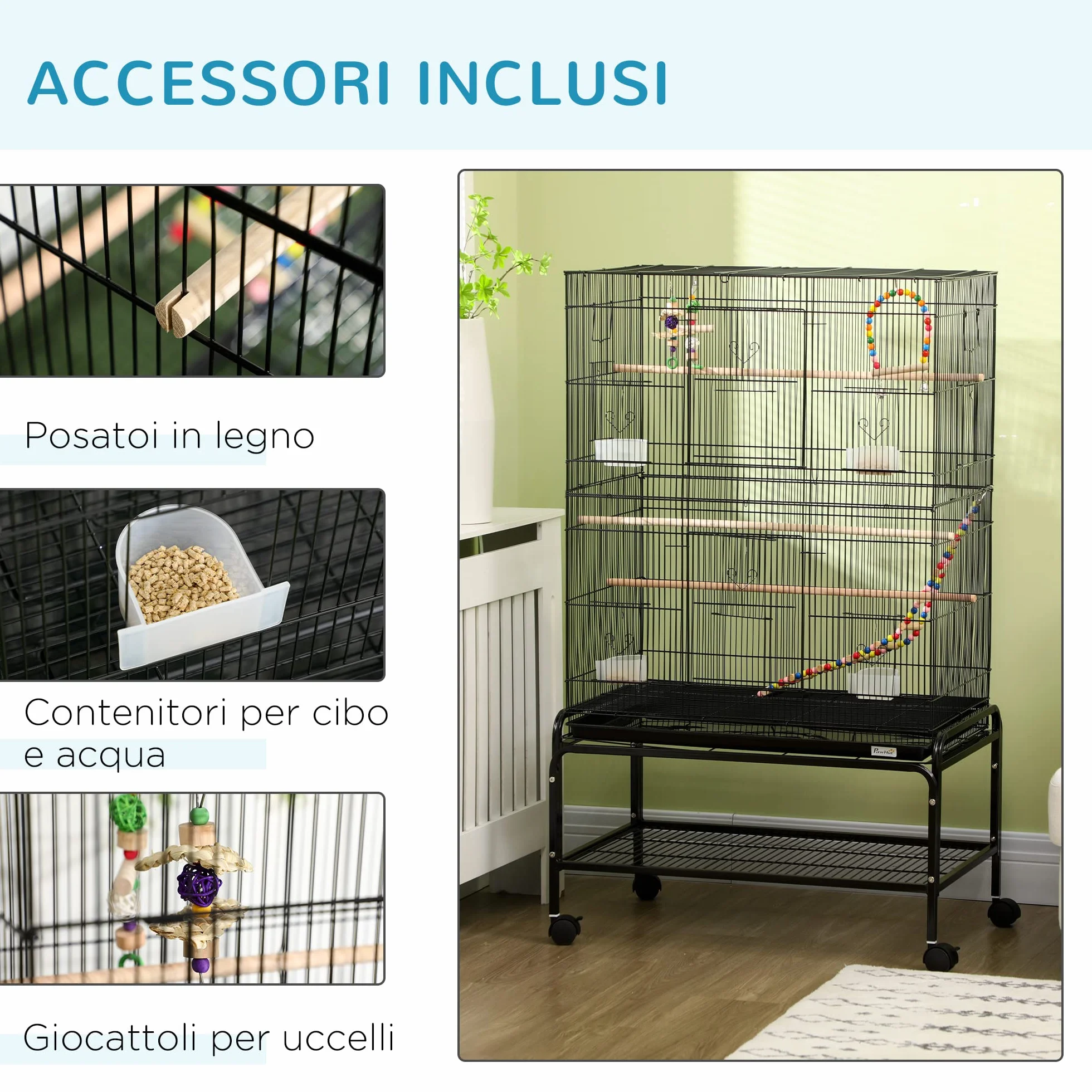 PawHut Gabbia per Uccelli 133 cm, Voliera per Cocorite, Calopsite, Canarini, Inseparabili, Fringuelli con Ruote, 4 Contenitori, Giochi, Vassoio Rimovibile, Ripiano, Nero