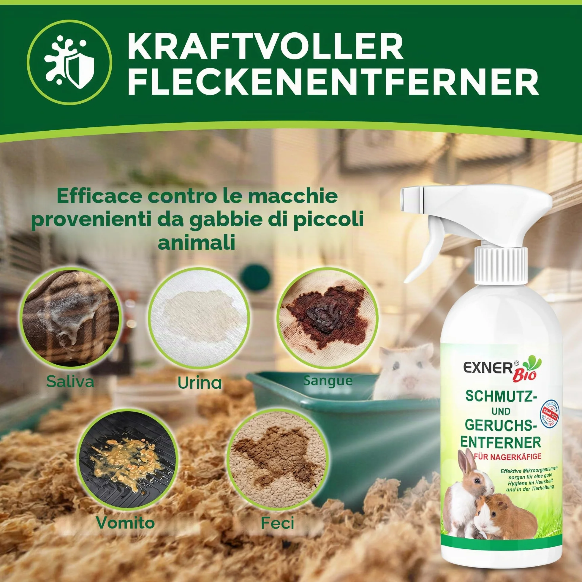 Antiodore e sporco per gabbie di roditori, con microrganismi contro le feci, l'urina e gli odori degli animali domestici, 100% naturale e delicato, flacone spray da 500 ml