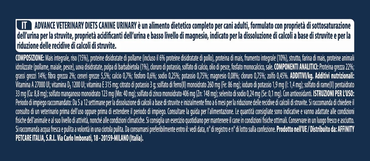 Advance Veterinary Diets Urinary Cibo per Cani con Problemi del Tratto Urinario 3kg
