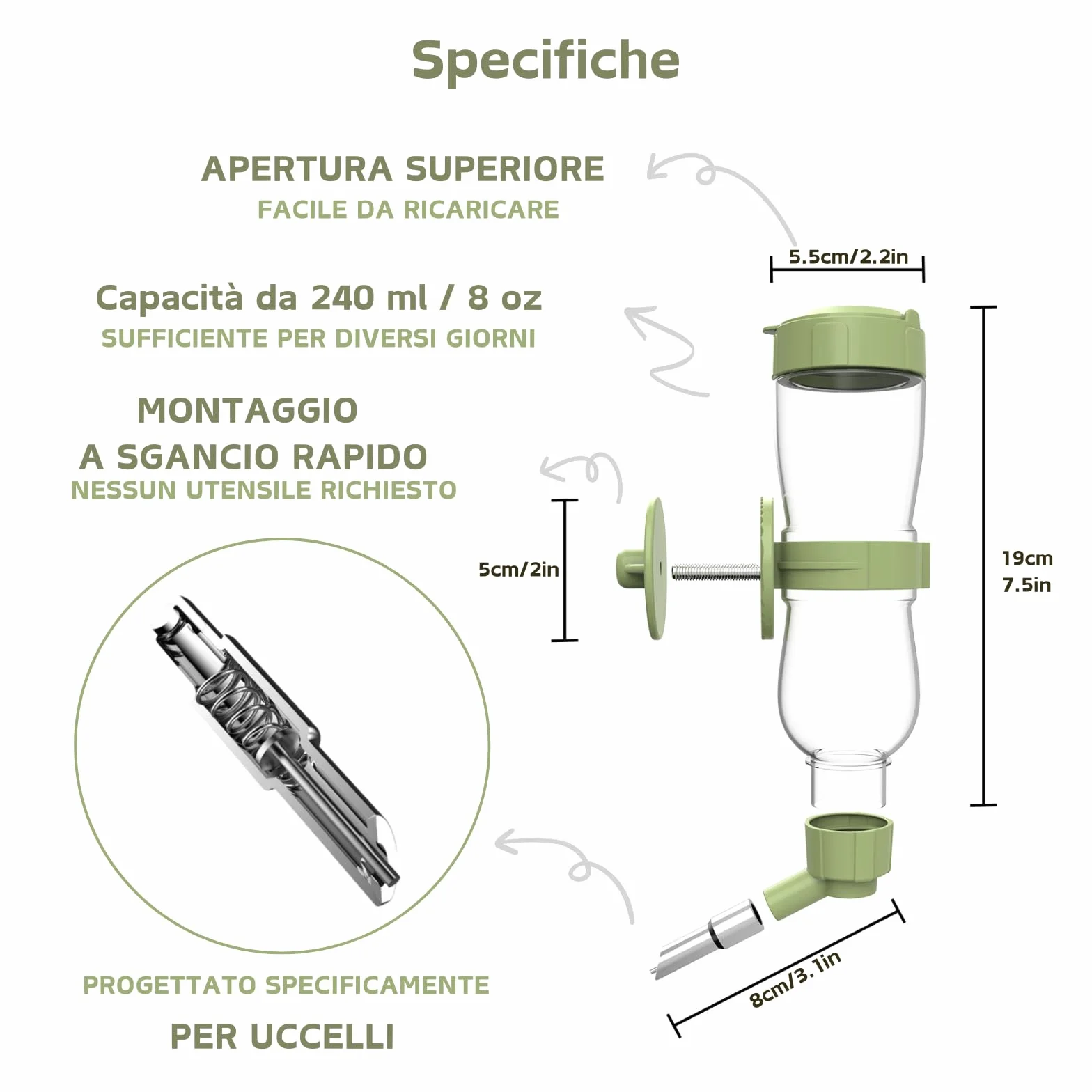 Abbeveratoio per uccelli, Dispenser d'acqua automatico per gabbia, Bottiglia d'acqua appesa per Pappagallini, Canarini, Cockatiel, Fringuelli, Budgerigar (Verde, 240ml)