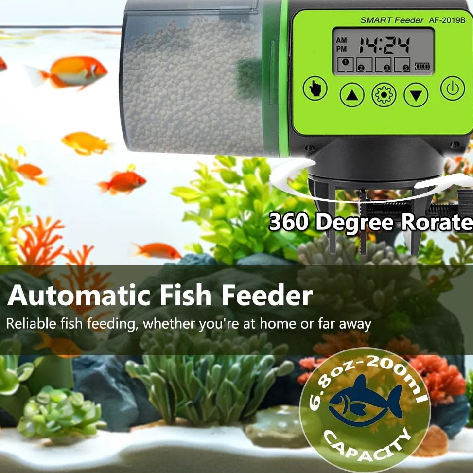 Alimentatore automatico per pesci per vacanze in acquario, 200 ml, grande capacità, distributore automatico di cibo per pesci con display timer per tartarughe piccole Betta Koi, grandi acquari e