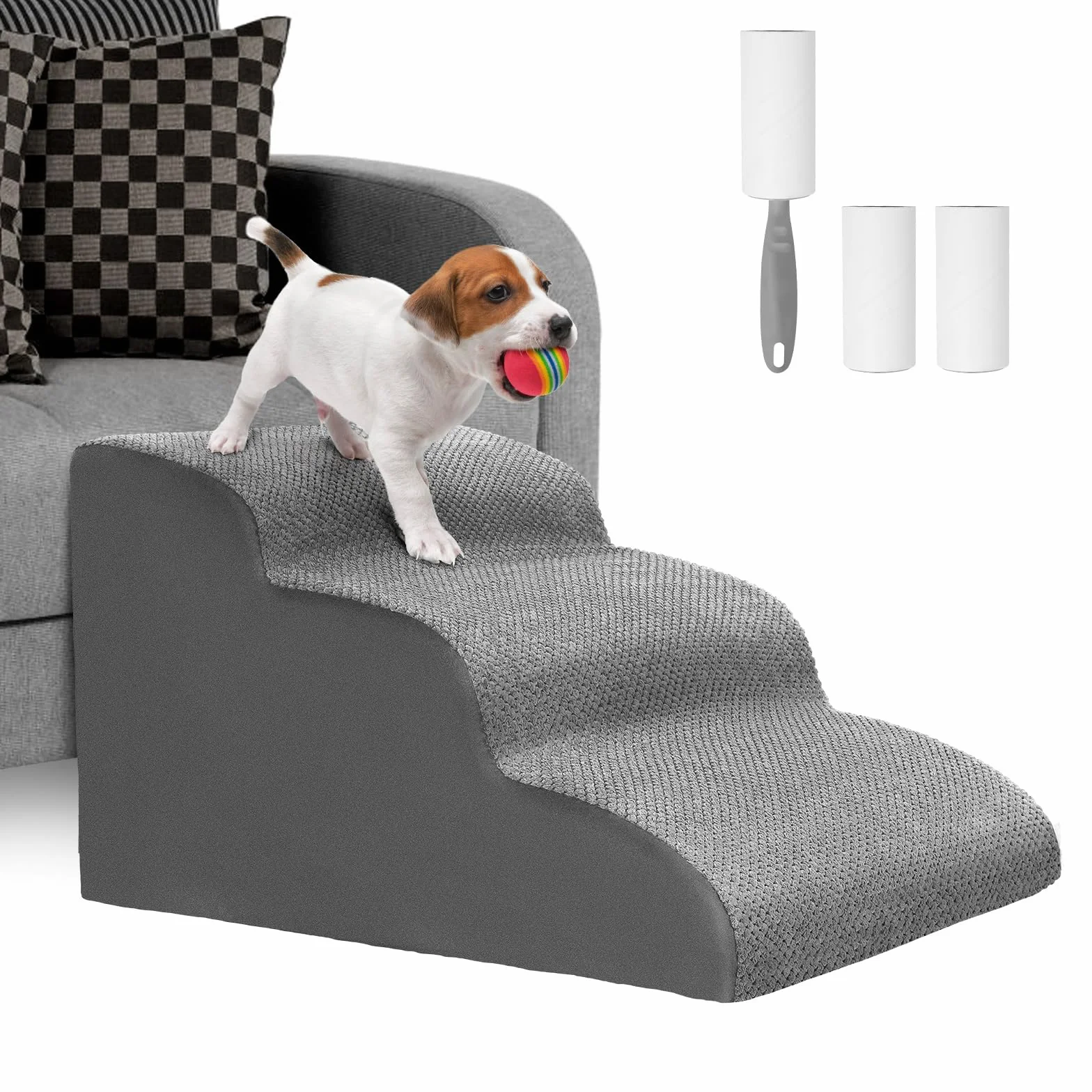 Lannvan Scaletta per Cani 3 Gradini, Rampa con Copertura Rimovibile Lavabile, per Cani e Gatti di Piccola Taglia, Regala Rullo Togli Peli Animali, Grigio