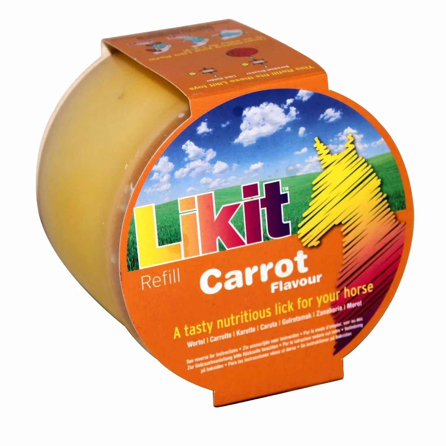 Likit Ricarica per cavalli, carota, 650 g, gustoso trattamento per cavalli, riduce la noia e lo stress del cavallo, carota