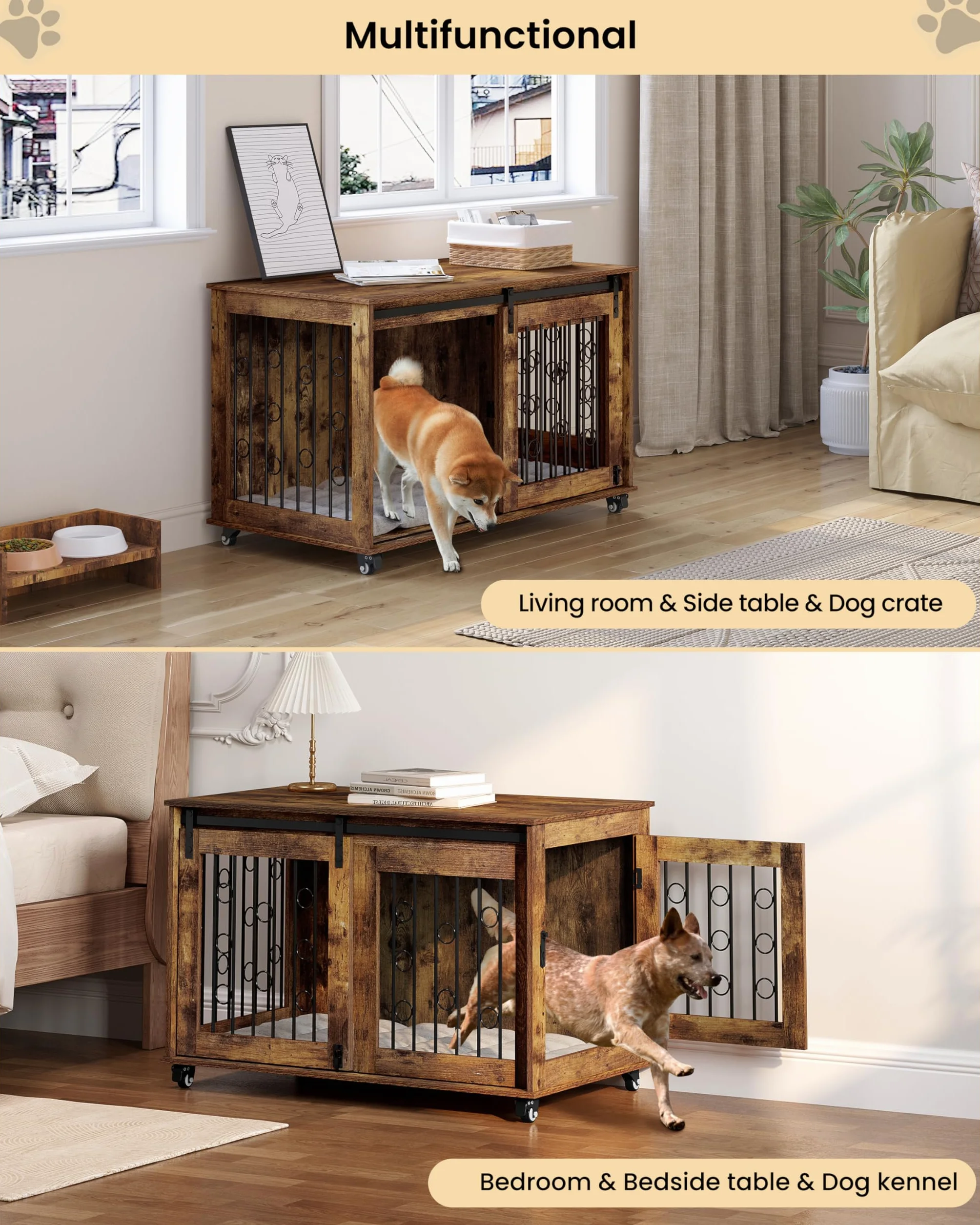 EUGAD 100cm Gabbia per Cani, Mobile Kennel per Cani da Interno, Kennel Cane in Legno con 2 Porte Ruote 360° Gabbie per Cane Medio Grande, Dog Crate Arredamento Marrone Vintage 100x56x65cm