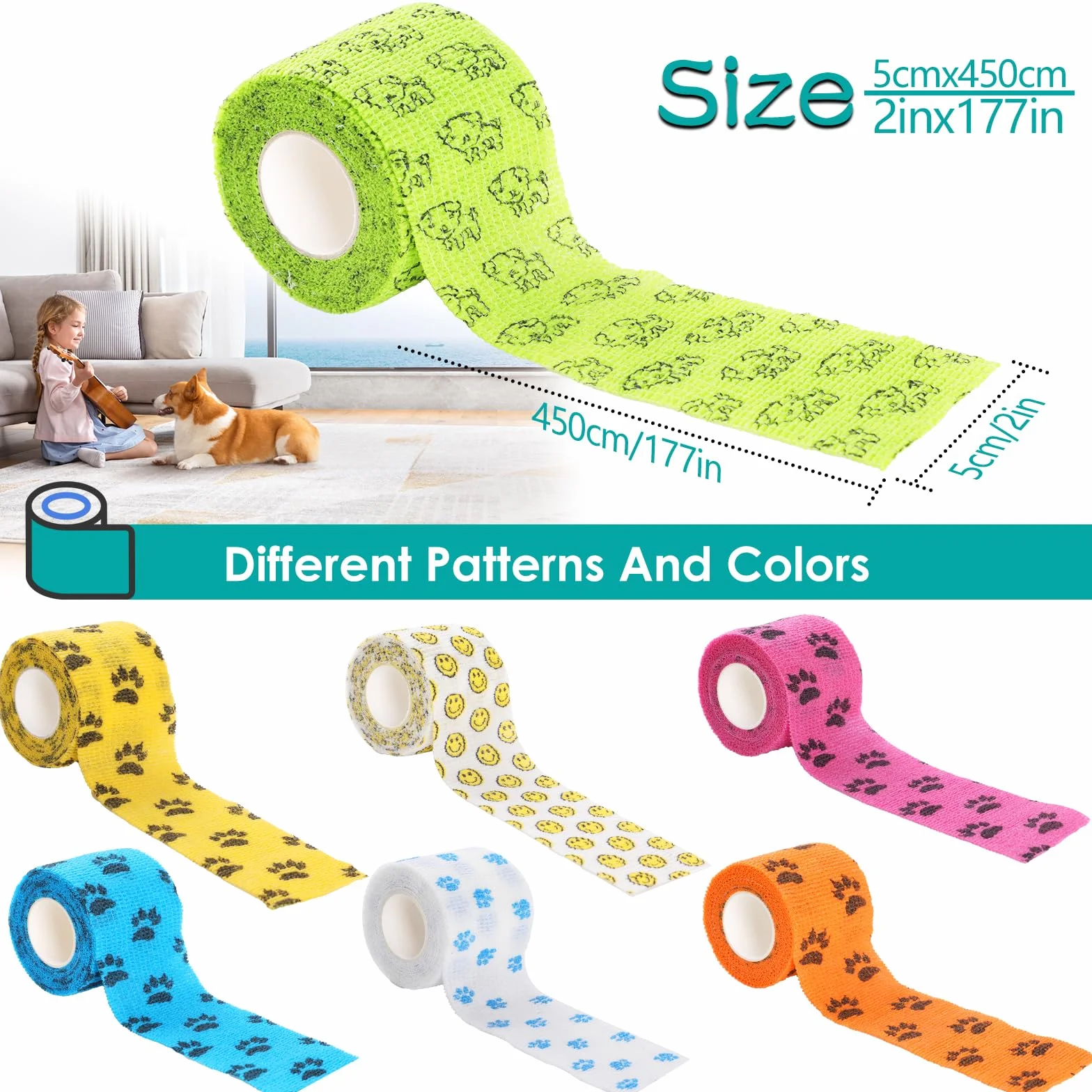 7pcs Benda Elastica Autoadesiva，GeeRic 5*4,5M Bendaggio Veterinario Traspirante Non Tessuto Non Colla Bende Nastro Elastico per Immobilizzare Mani, Ginocchia,Caviglia Animali Domestici/Atleta/Ferito