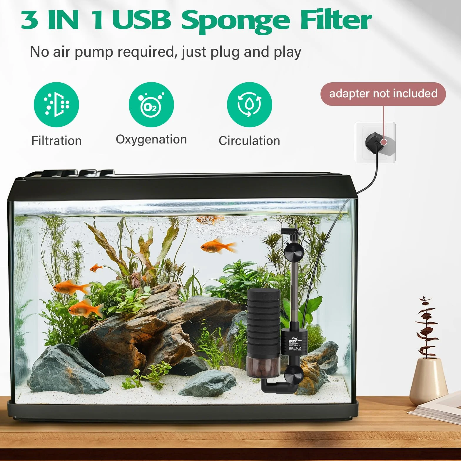 hygger Elettrico Filtro Acquario,Quiet Power Spugna Filtro per Acquario,Fish Tank Filter con Sfere Ceramica for up to 75L Breeding Fry Betta Shrimp Tank (S)