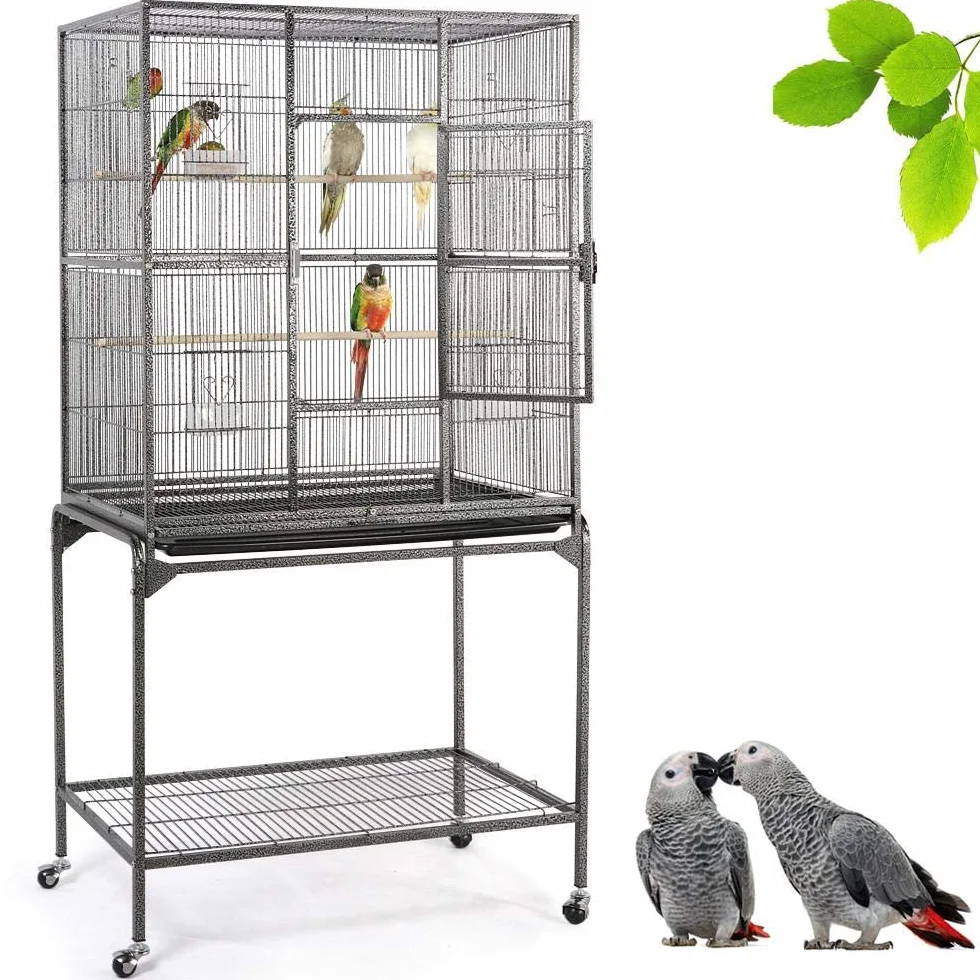 Yaheetech Gabbia Voliera Grande per Uccelli Pappagalli Roditori in Metallo e Legno con Piedistallo Ruote Posatoi e Ciotole Nera 81 x 47 x 160 cm