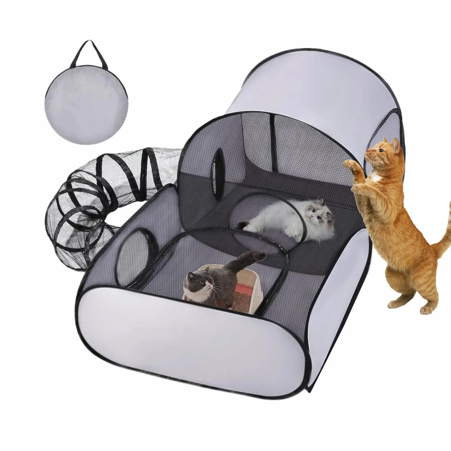 Recinto Per Gatti Pieghevole Con Tunnel, Tenda Per Gatti 3 In 1 Per Esterni E Gabbia Interna, Trasportino Espandibile Portatile Per GattiCani, Grande Gabbia Da Viaggio Con Borsa