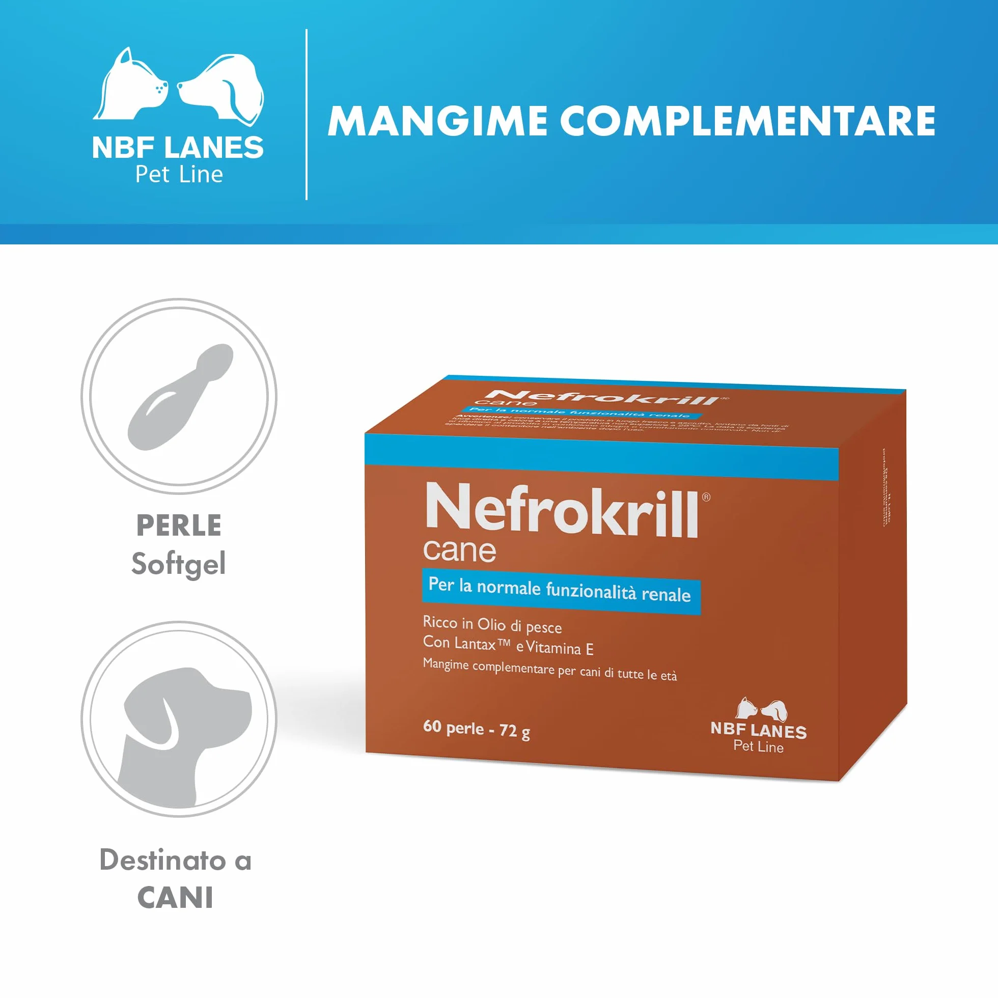 NBF Lanes | Nefrokrill Cane, 60 Perle Softgel, per la Normale Funzione Renale nei Cani di Tutte le Età