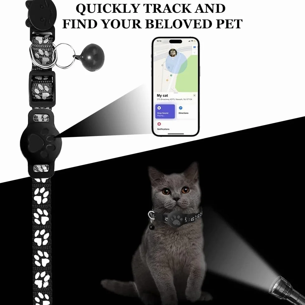 Localizzatore per Gatti, Tracker Collare per gatti, Design impermeabile e regolabile con strisce riflettenti, compatibile con dispositivi Apple e Android (nero)