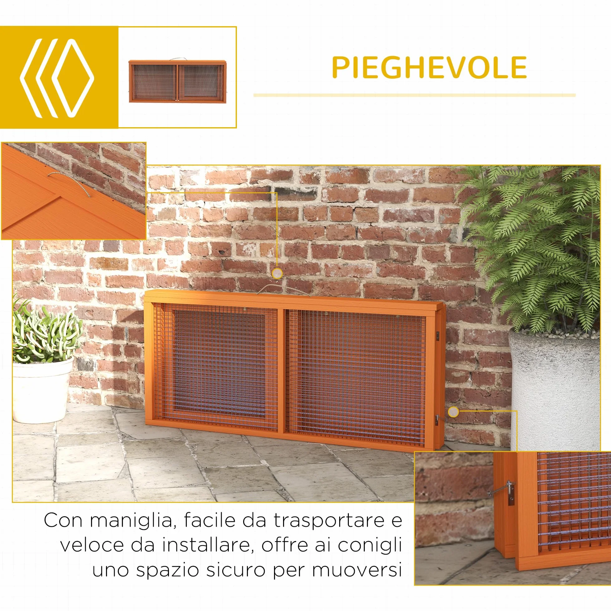 PawHut Conigliera Pieghevole per 2-3 Roditori con Ingressi Multipli, Gabbia per Conigli in Legno e Acciaio, 110x105x50 cm, Arancione