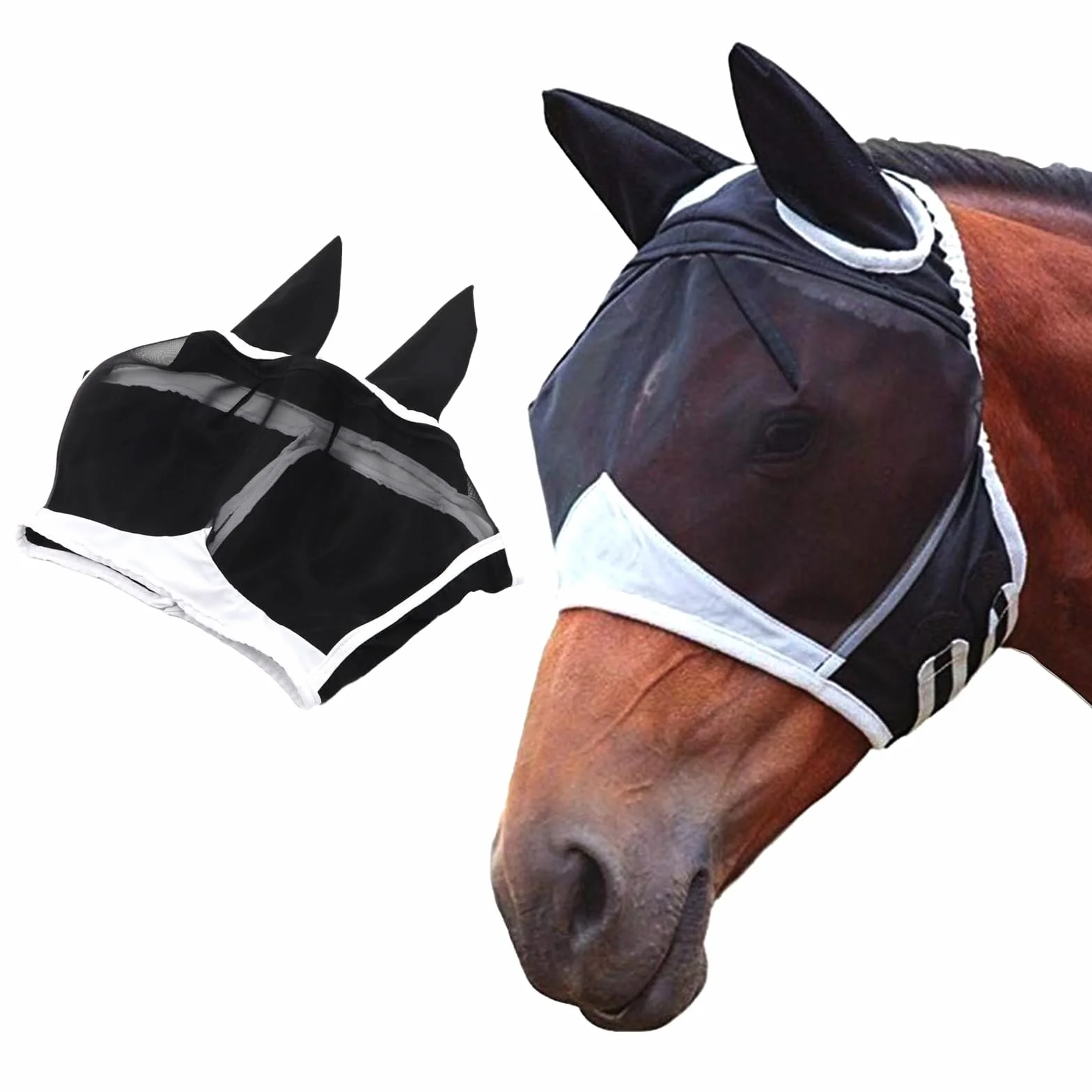 Gloryit Maschera Mosche Cavallo con Orecchie, Rete Traspirante Anti-UV, Antizanzare (M)