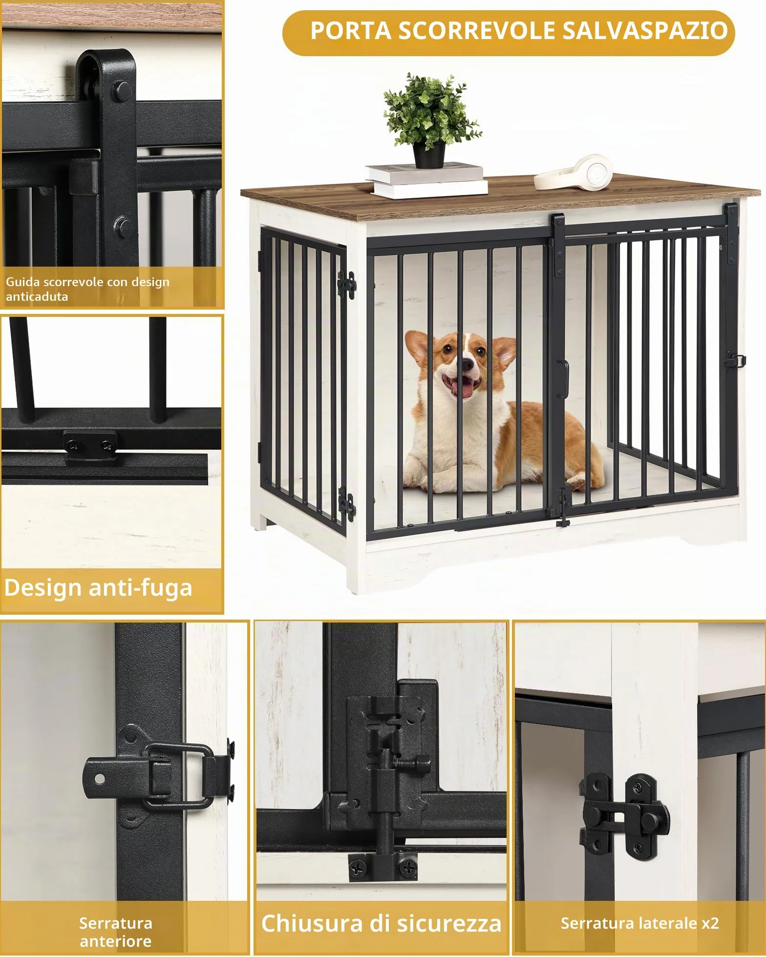 Hzuaneri 81cm Gabbia per Cani, Tavolo Supplemento, Nicchia Moderna per Cani, Gabbia per Cuccioli, Casetta per Animali, 2 porte, 55 x 81 x 67,5 cm, Bianco e Marrone DFC83614B