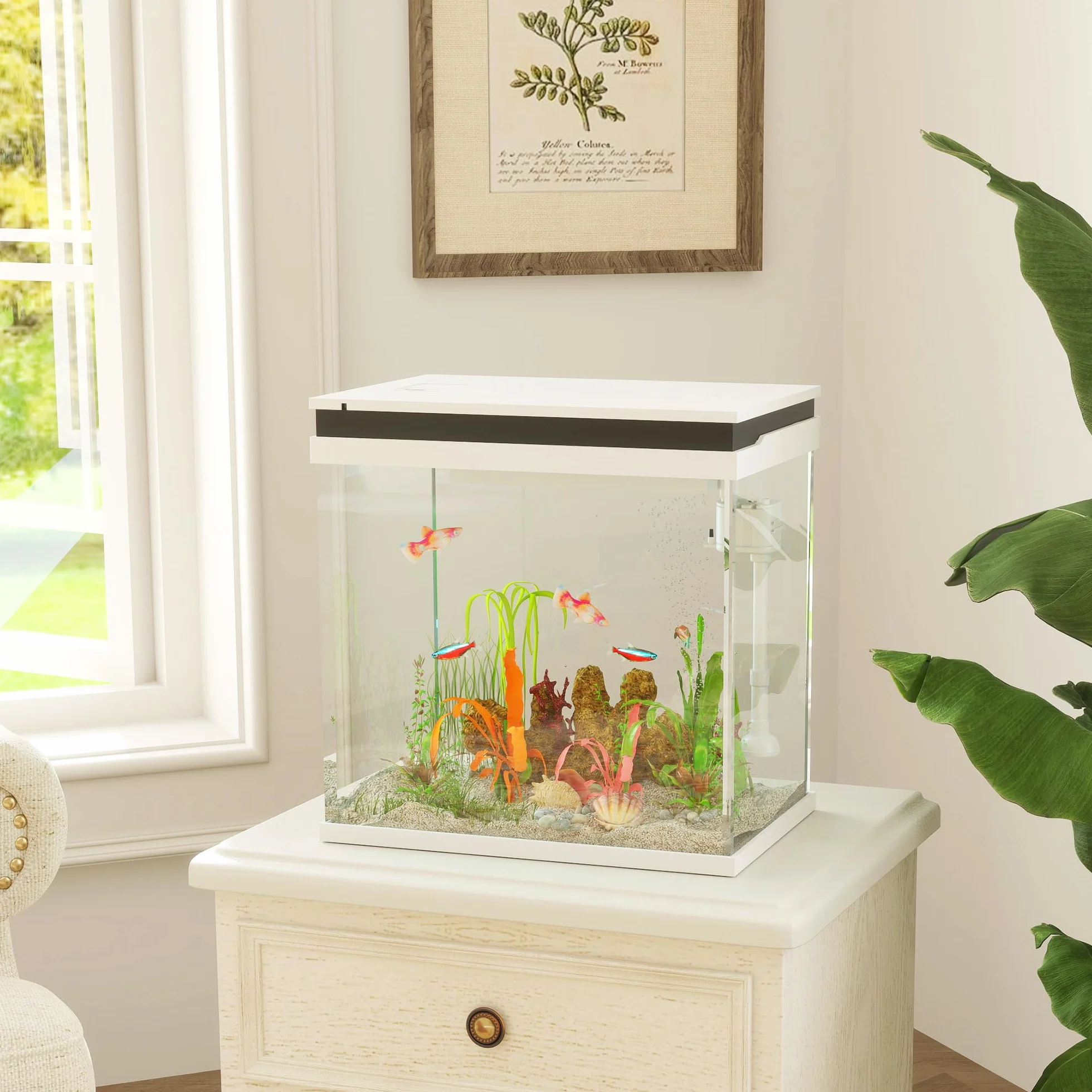PawHut 26L Acquario in Vetro per Pesci Rossi con Pompa d'Acqua e Filtro, Acquario Completo con Illuminazione LED, Vaschetta per Pesci Acqua Tropicali, 38x26x38cm, Bianco