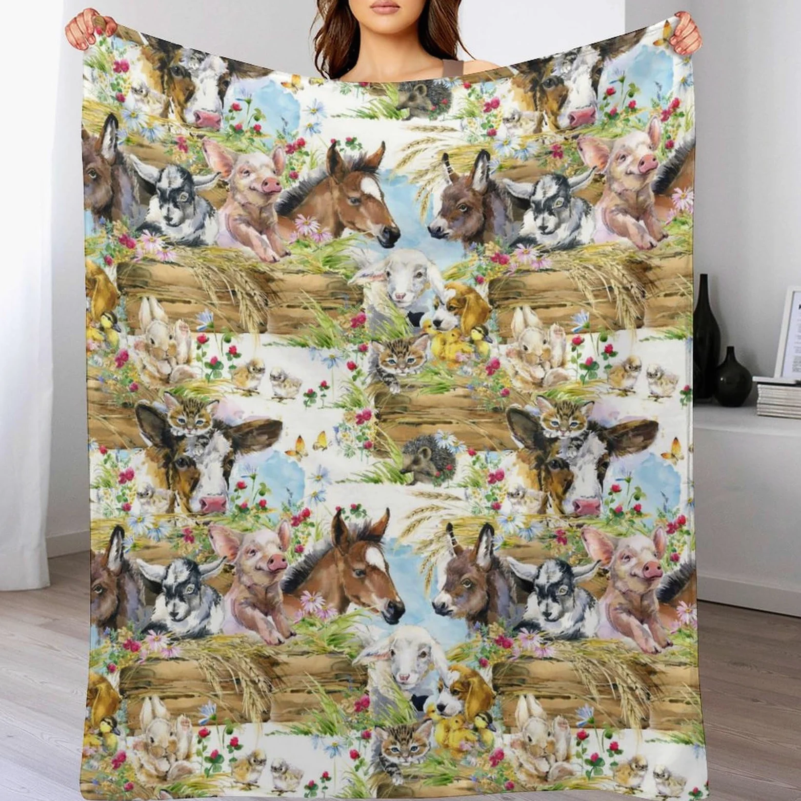 Simpatici animali domestici pollo cane anatra asino gattino gatto maiale floreale morbida flanella coperta da viaggio, soggiorno casa divano decorazione coperta, dormitorio ufficio pisolino coperta